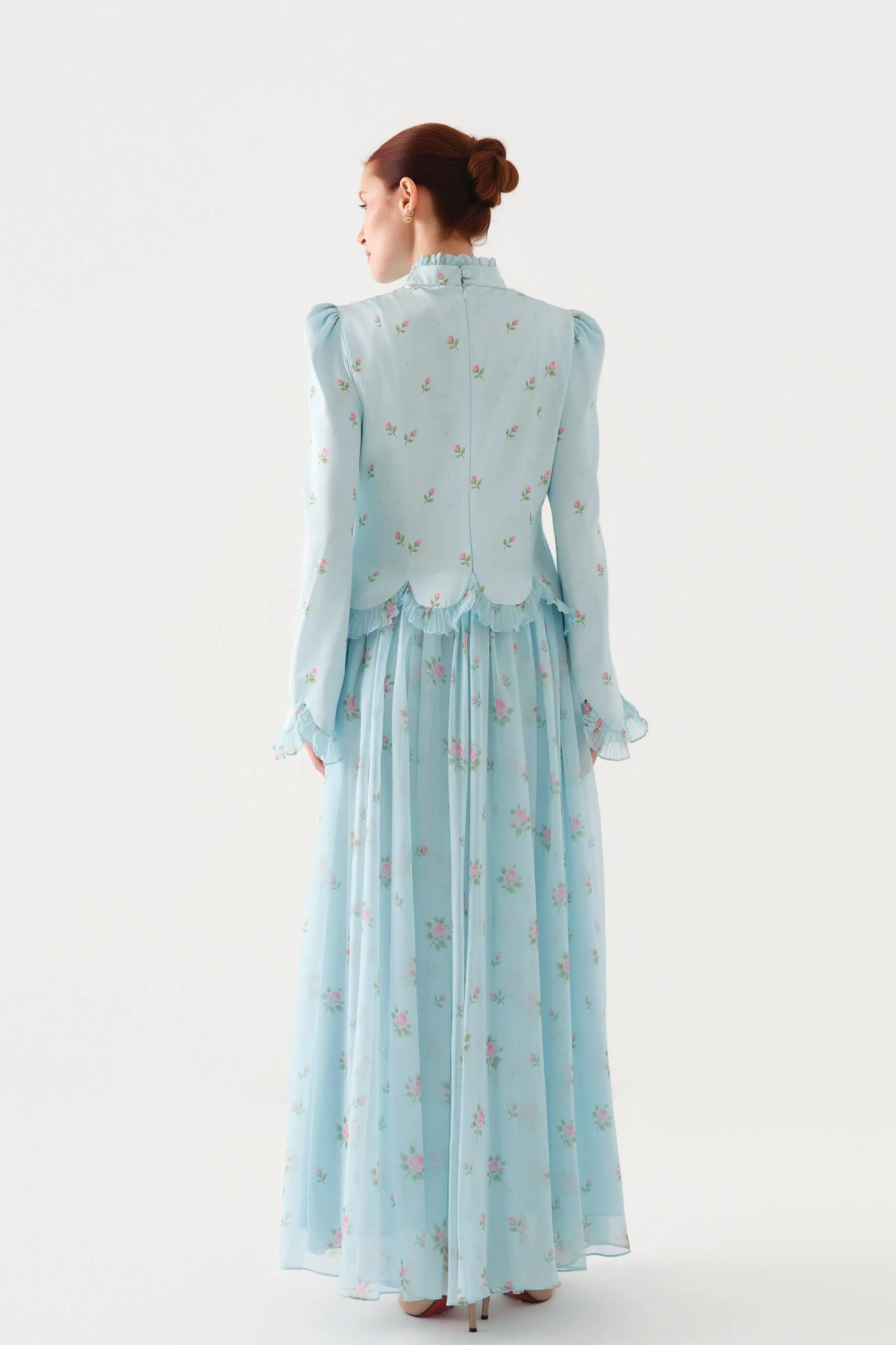 Bow-Neck Gathered Printed Maxi Dress – Blue, photo 3