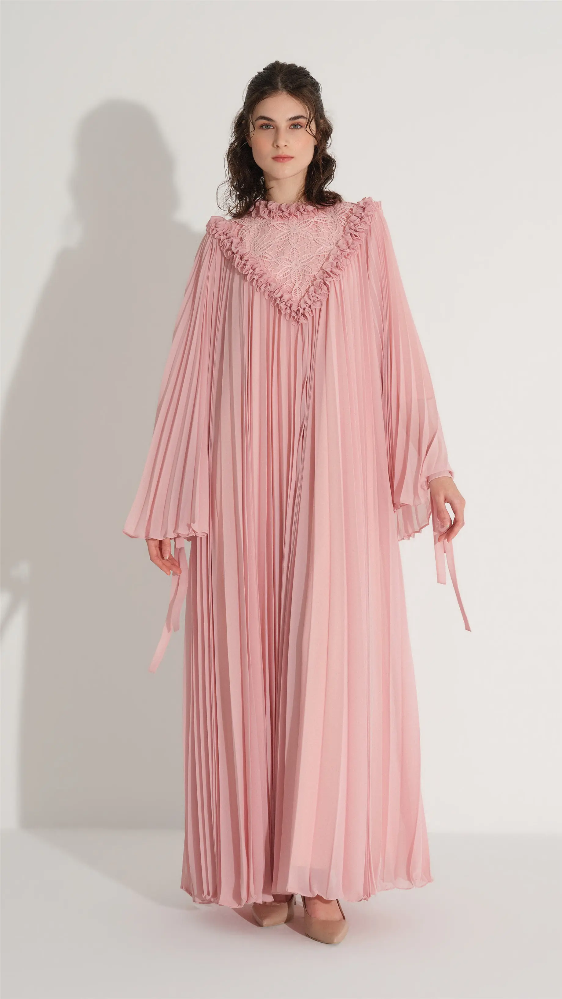 Lace & Ruffle Pleated Dress - Pink, photo 3