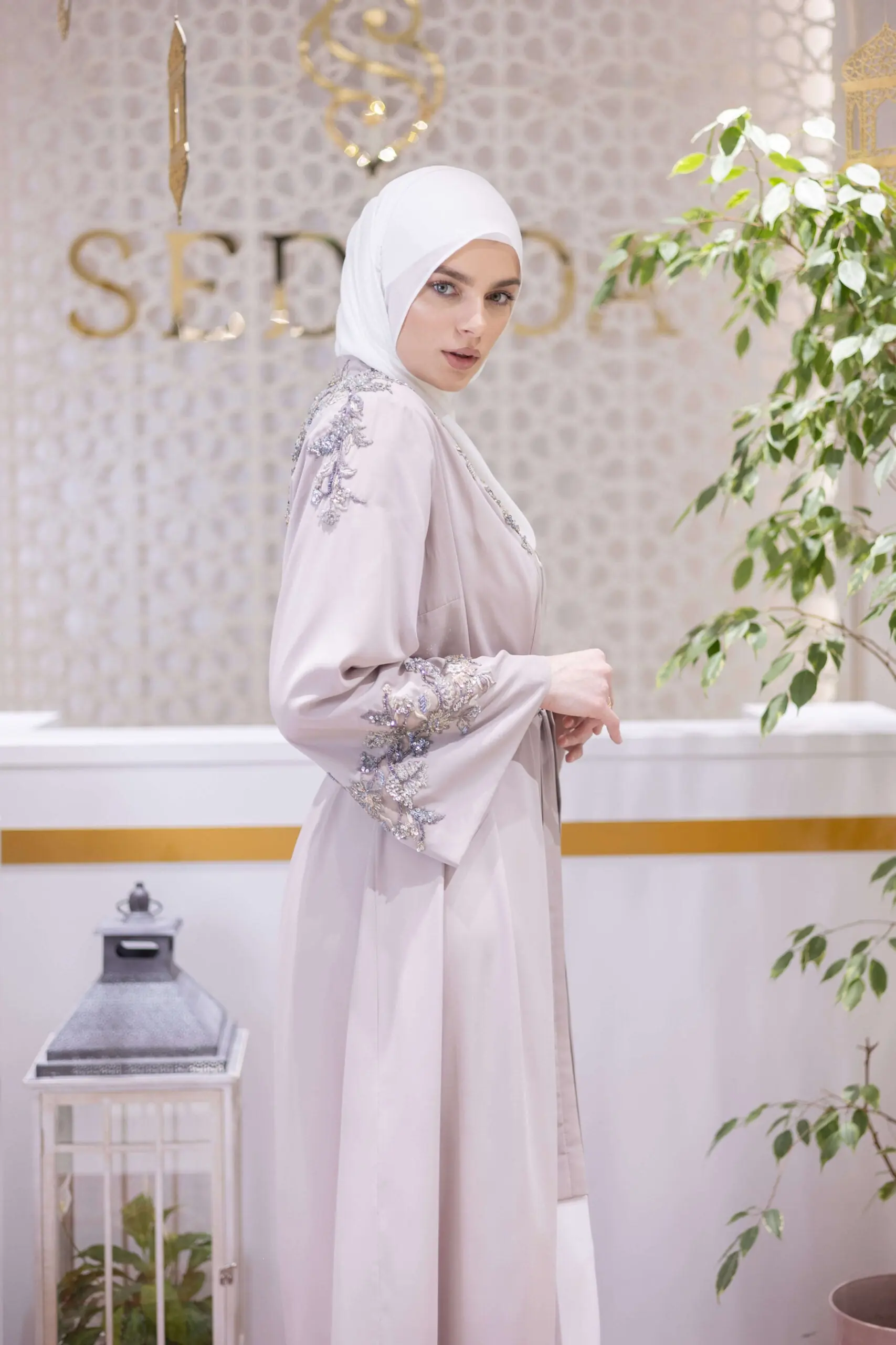 Silk Crown Embellished Abaya – Soft Taupe, photo 3