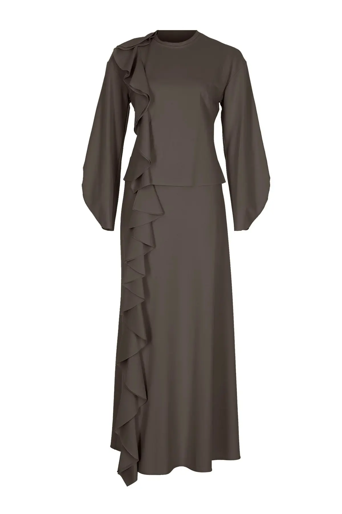 Ruffled High-Neck Blouse & Skirt Set – Mink