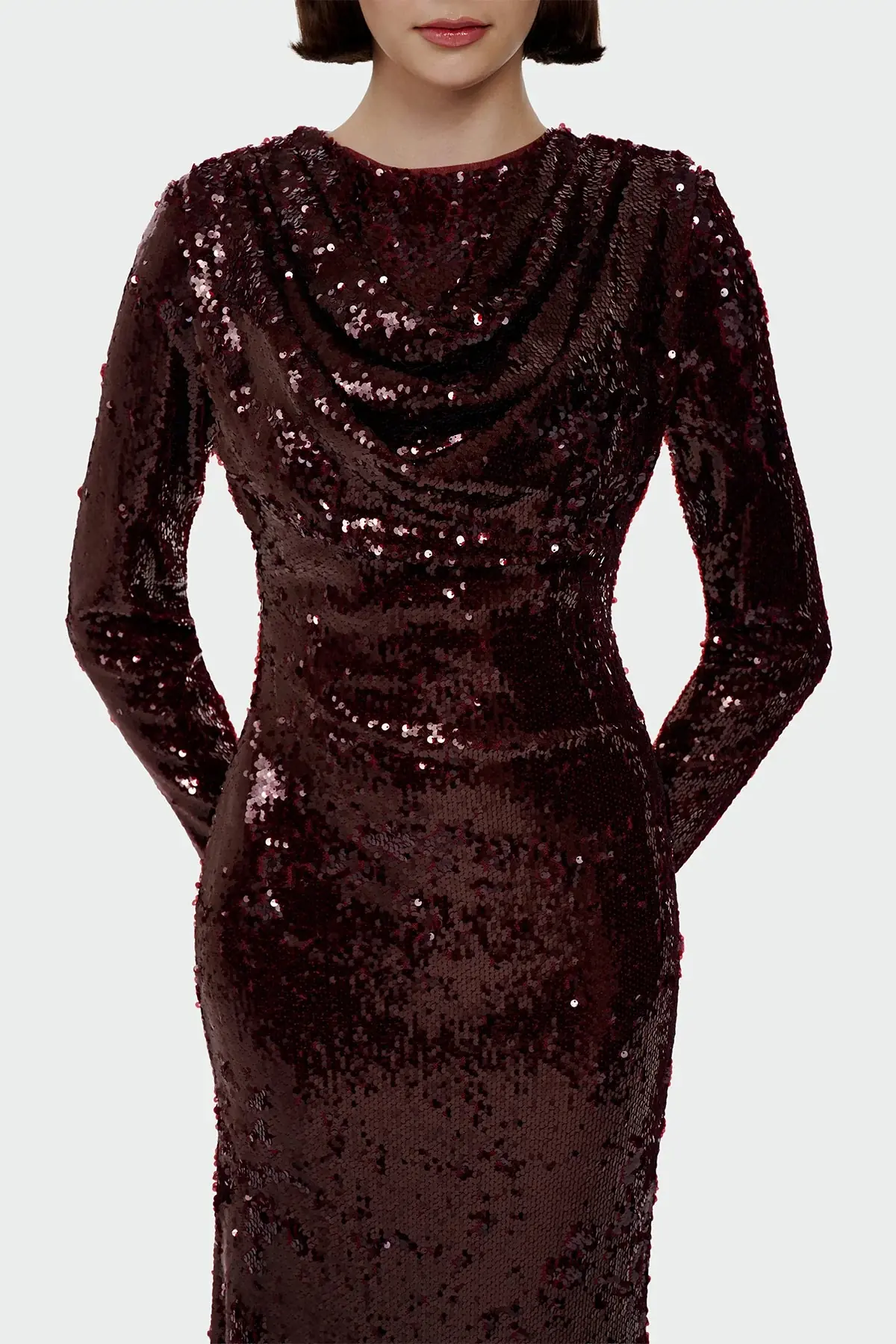 Draped Sequin Evening Dress – Burgundy, photo 2