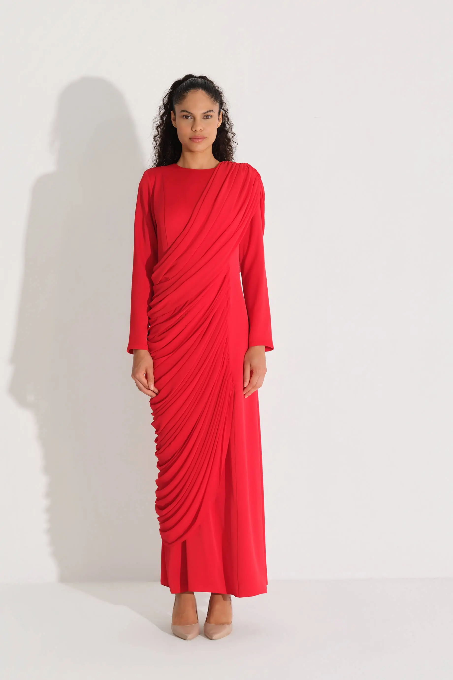 Cross-Draped Crepe Dress – Red