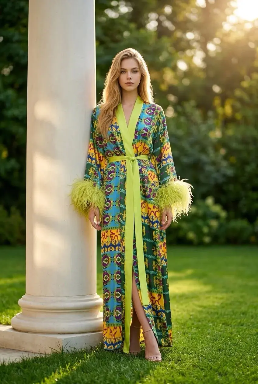 Rita Printed Silk Kimono with Ostrich Feather Trim - Green, photo 6