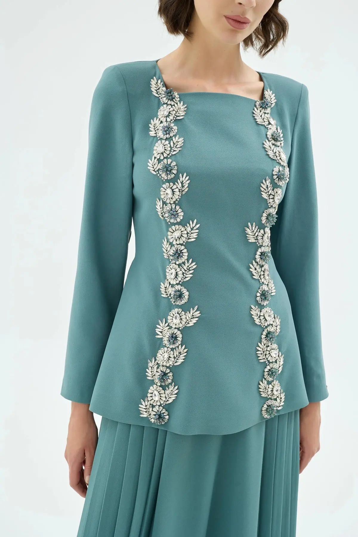 Eloya Stone-Embellished Square-Neck Blouse & Skirt Set - Blue, photo 3