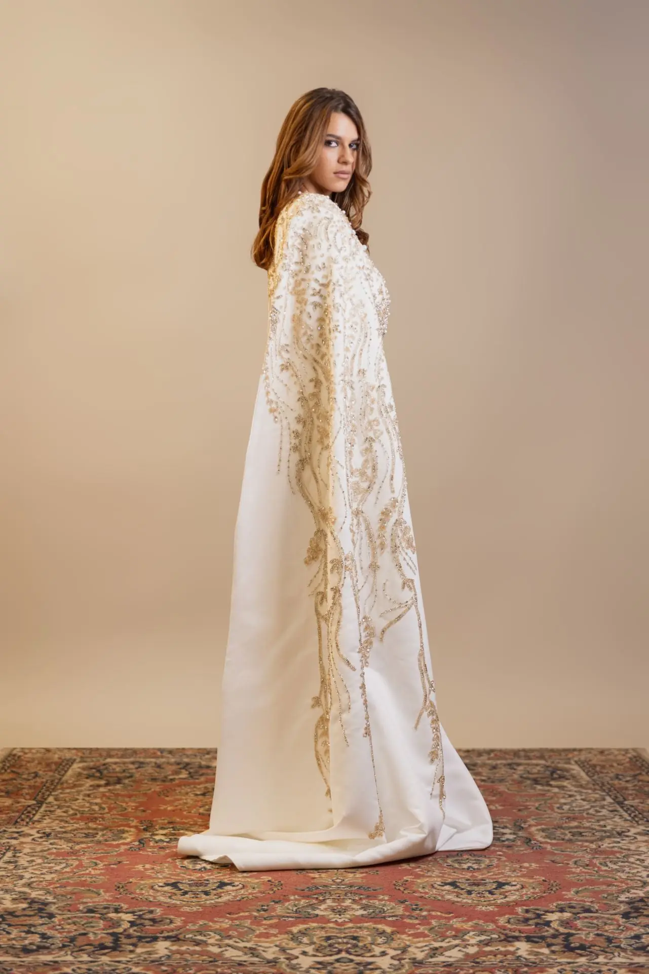 Astral Veil Embellished Satin Kaftan – Ivory, photo 4