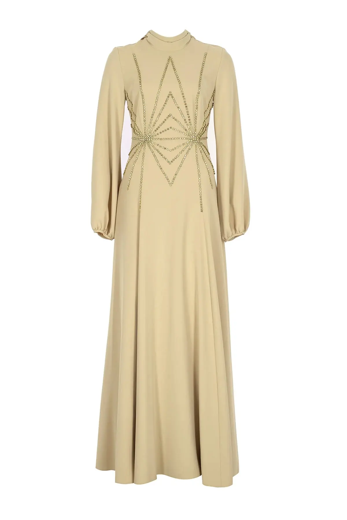 Embellished High-Neck Evening Gown – Beige