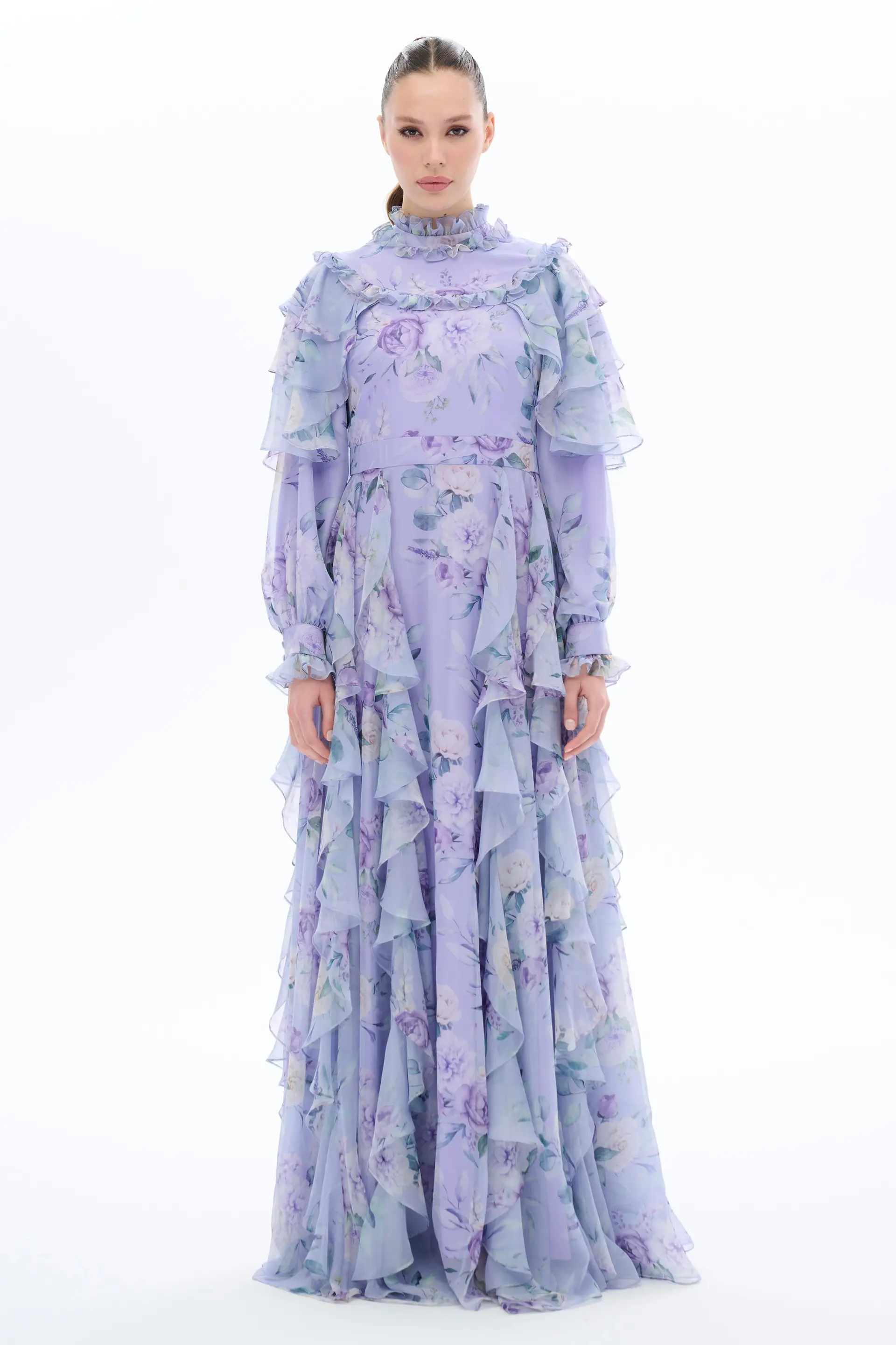 Gathered Shoulder & Side-Ruffle Dress – Lilac