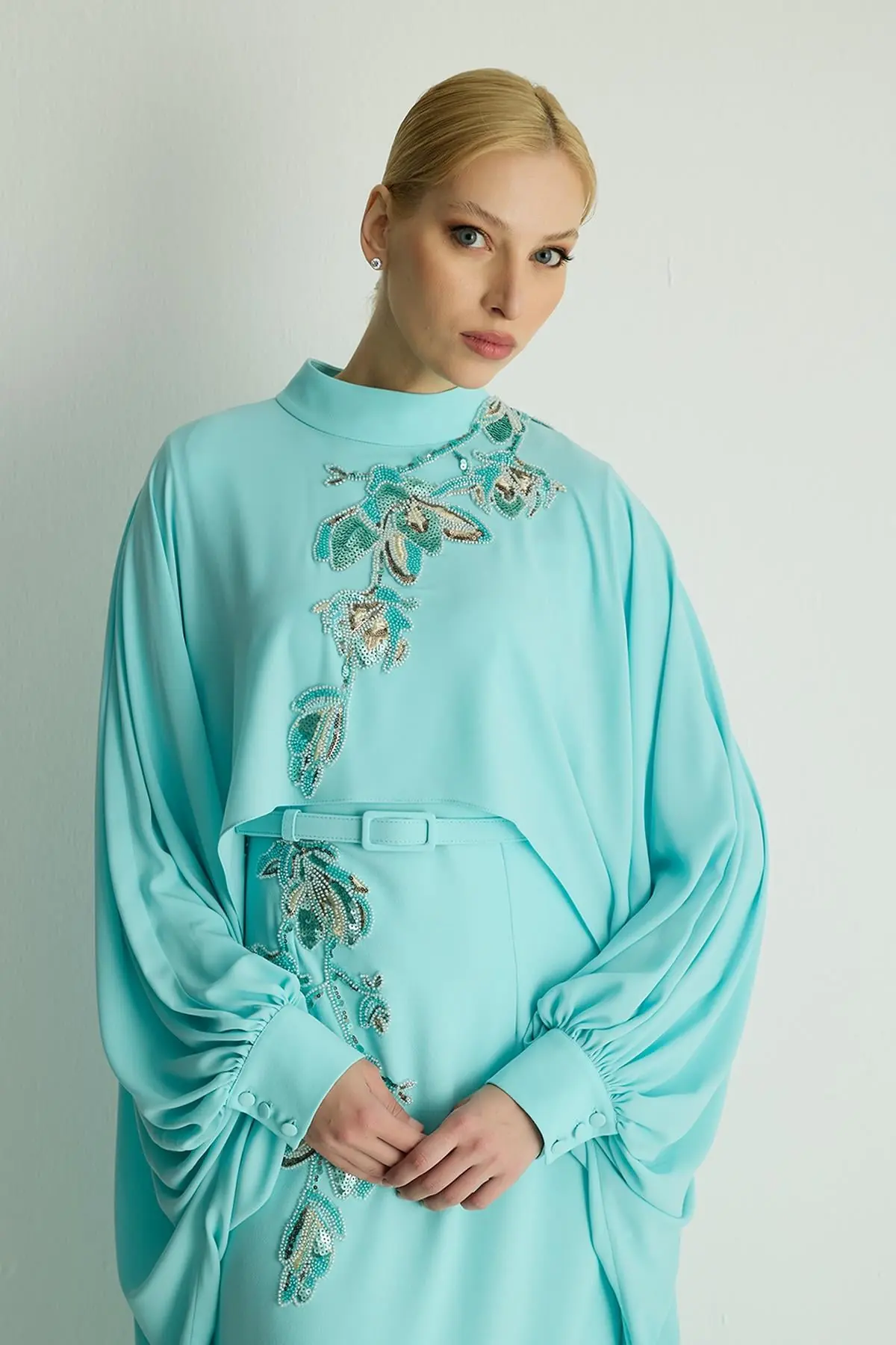 Petunia Embellished Cape Dress – Aqua