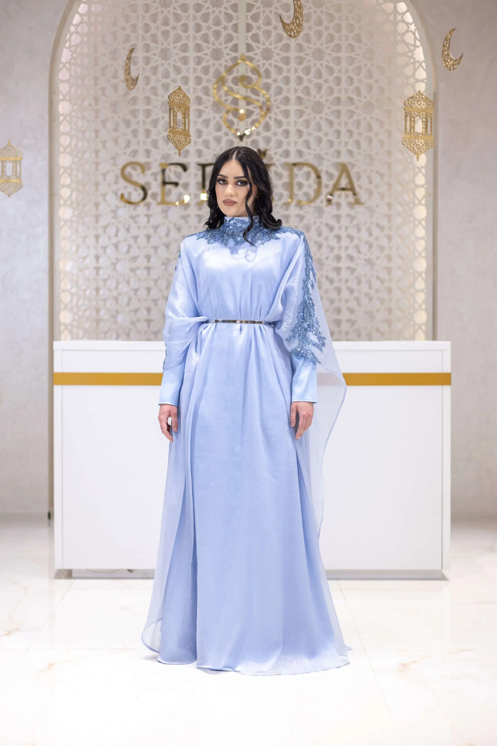Silk Majesty Embellished Abaya – Light Blue