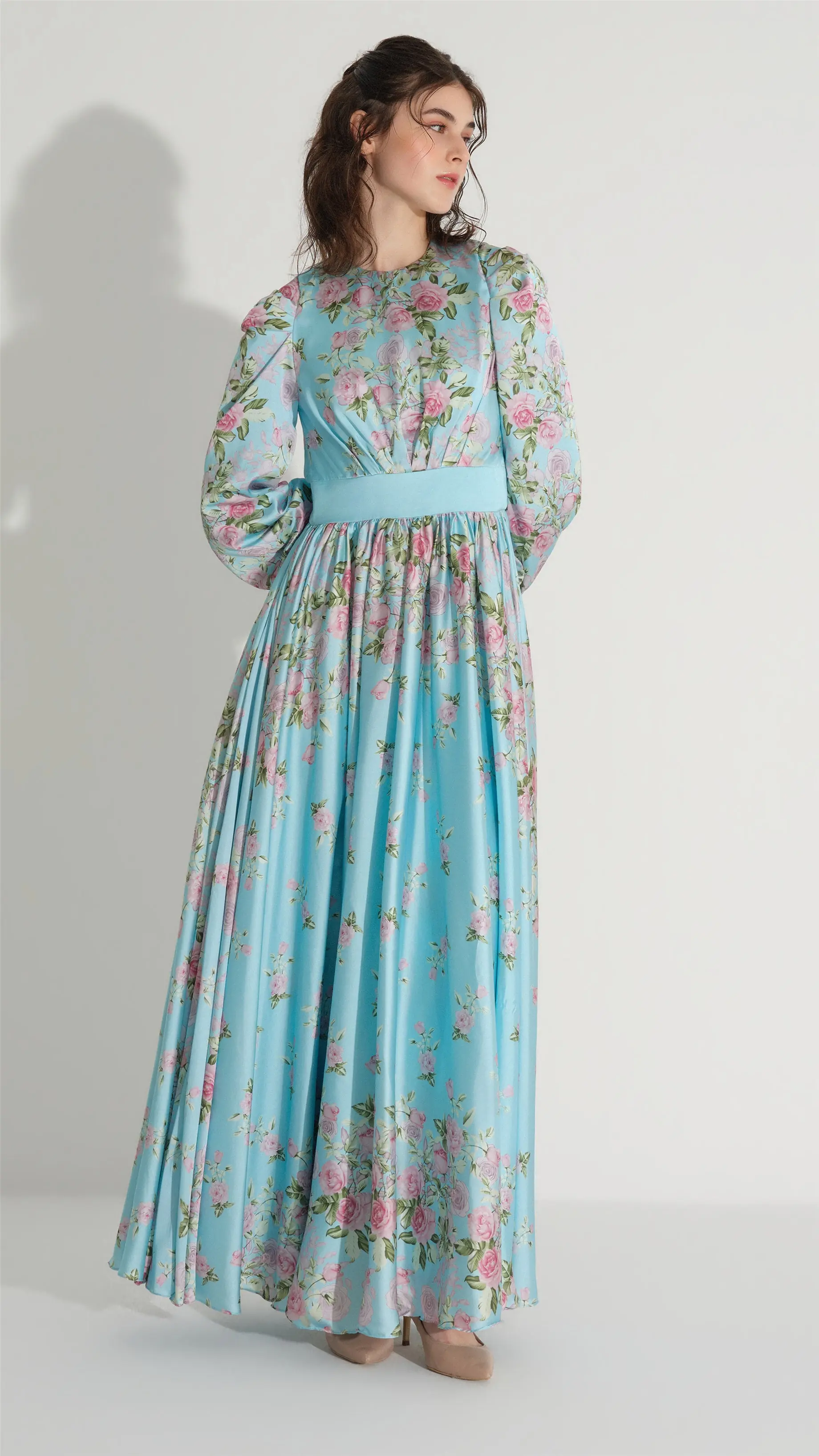 Floral Satin A-Line Dress – Blue, photo 5