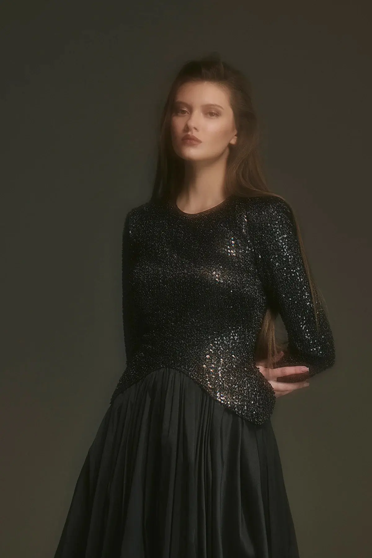 Sequin-Embellished Long-Sleeve Evening Gown - Black, photo 2