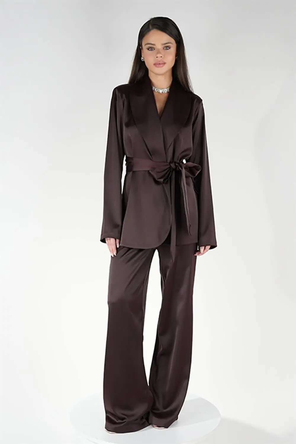 Satin Ember Belted Set – Brown