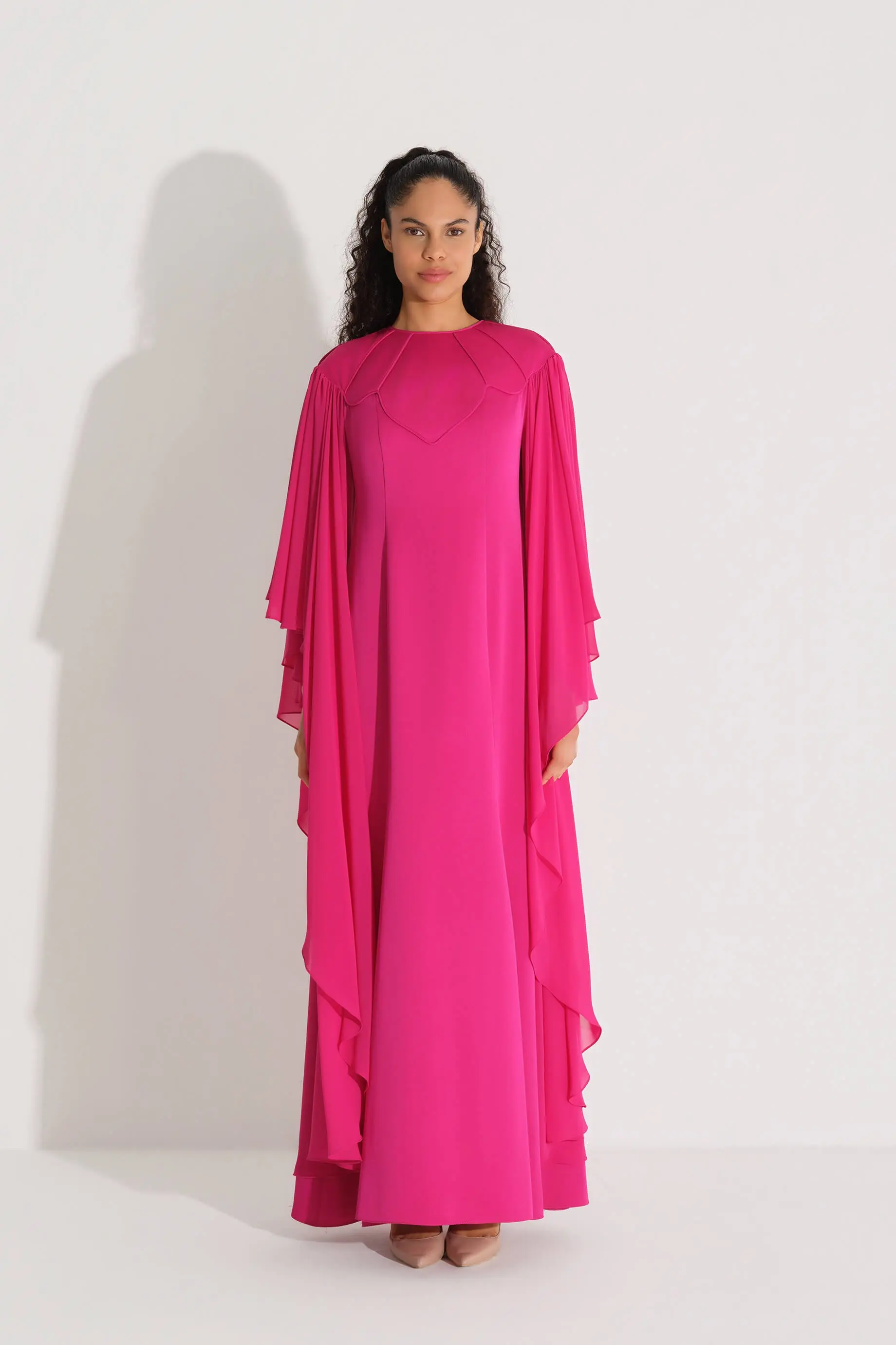 Piped Detail Chiffon Dress – Fuchsia