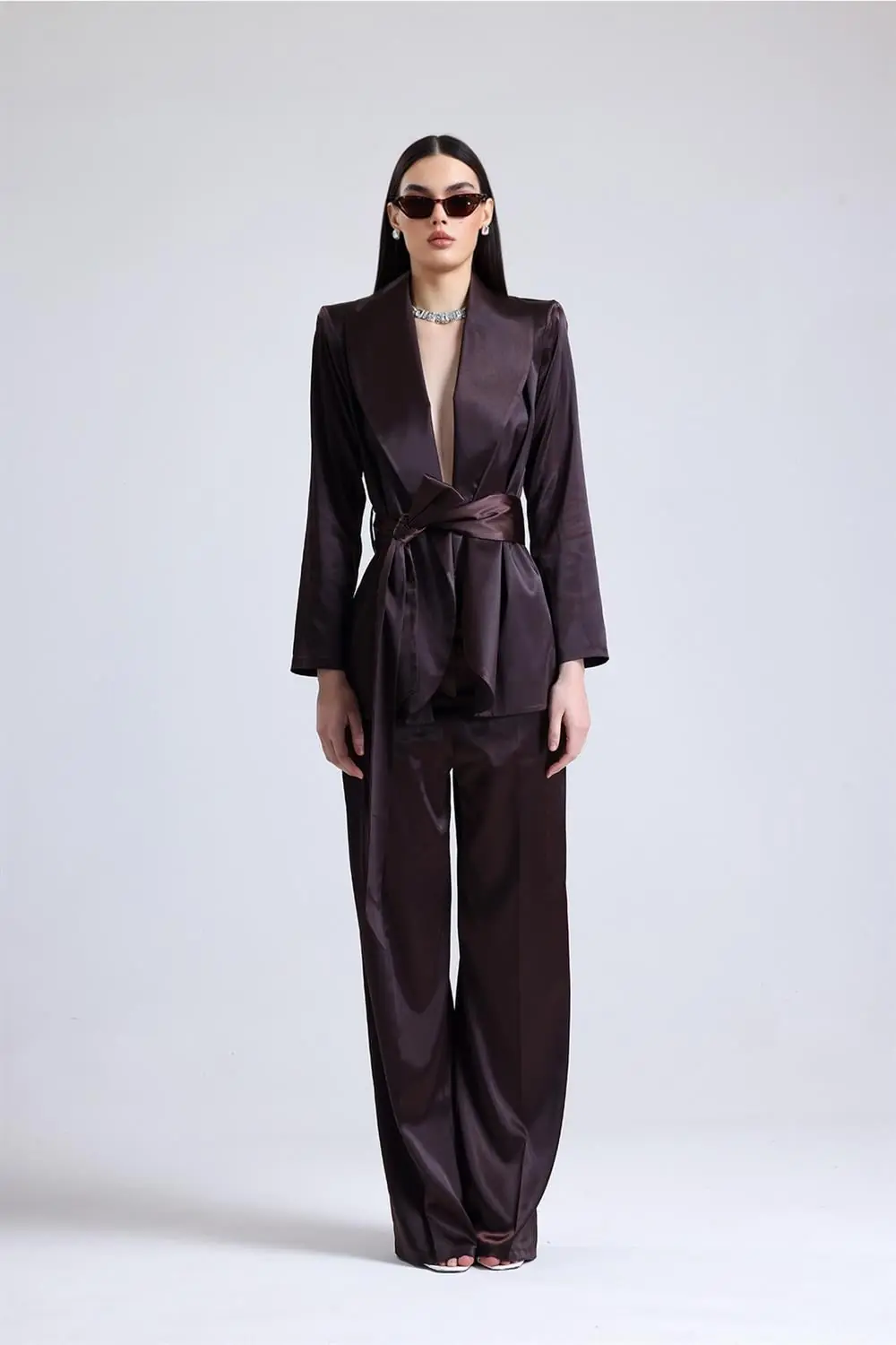 Satin Ember Belted Set – Brown