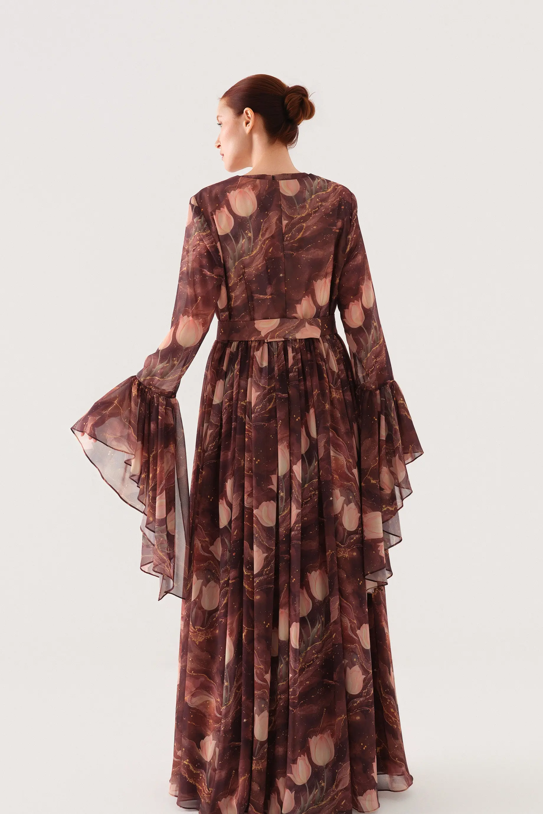 Tulip-Print Chiffon Maxi Dress with Inner Slip – Brown, photo 5