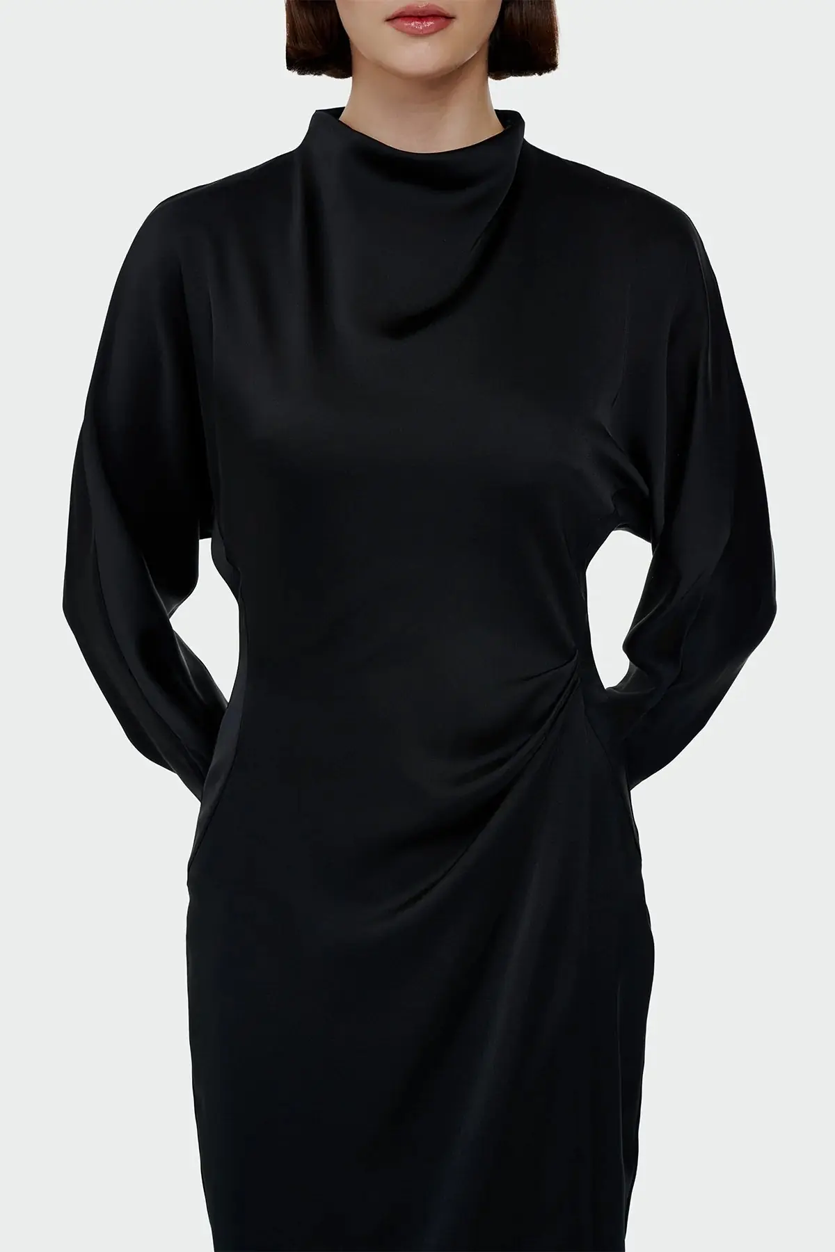 Ruched Waist Satin Midi Dress - Black