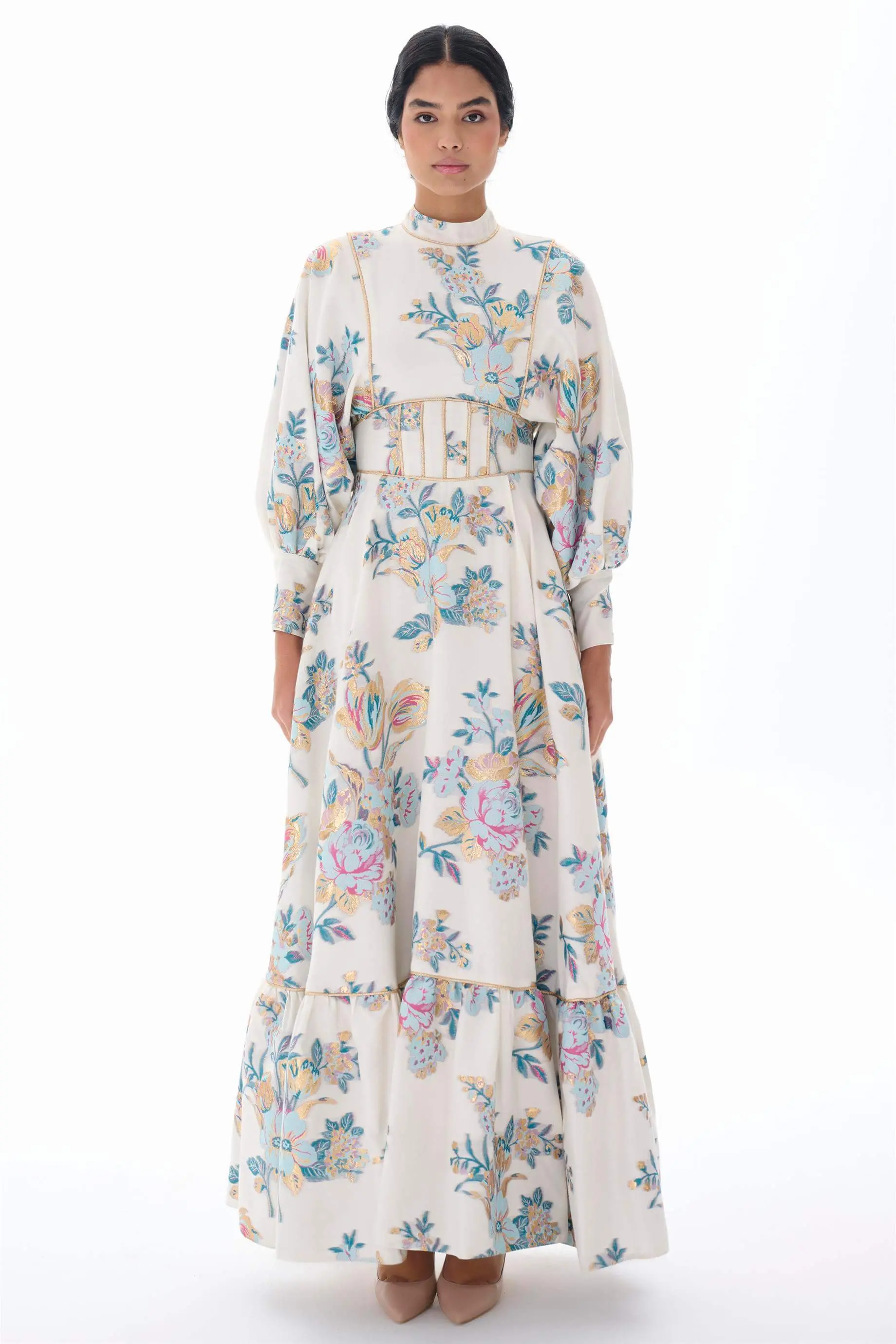 Corset-Detail Jacquard Maxi Dress – Ecru