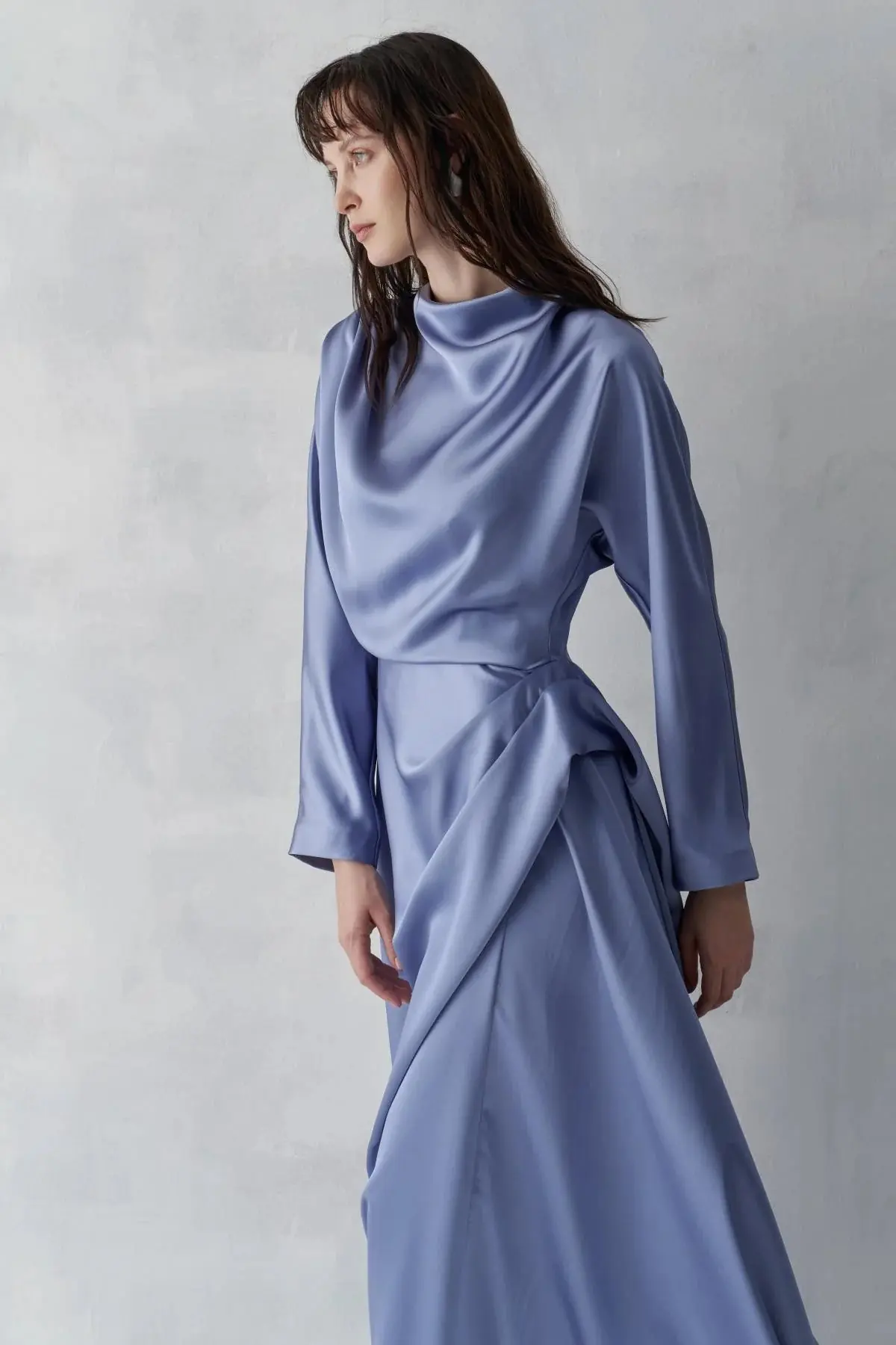 Asymmetric Draped High-Neck Satin Long Evening Dress - Blue, photo 2