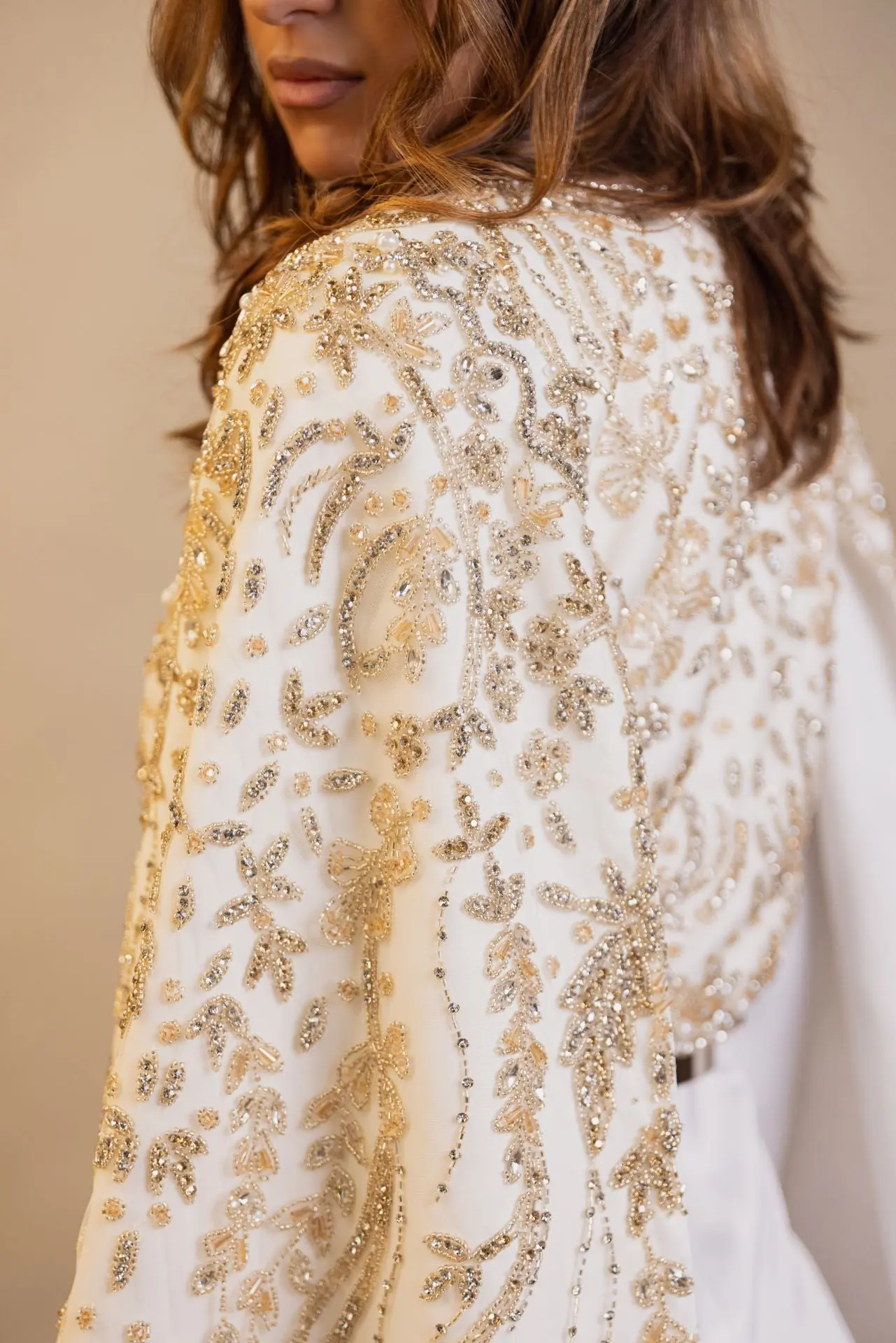 Astral Veil Embellished Satin Kaftan – Ivory, photo 3