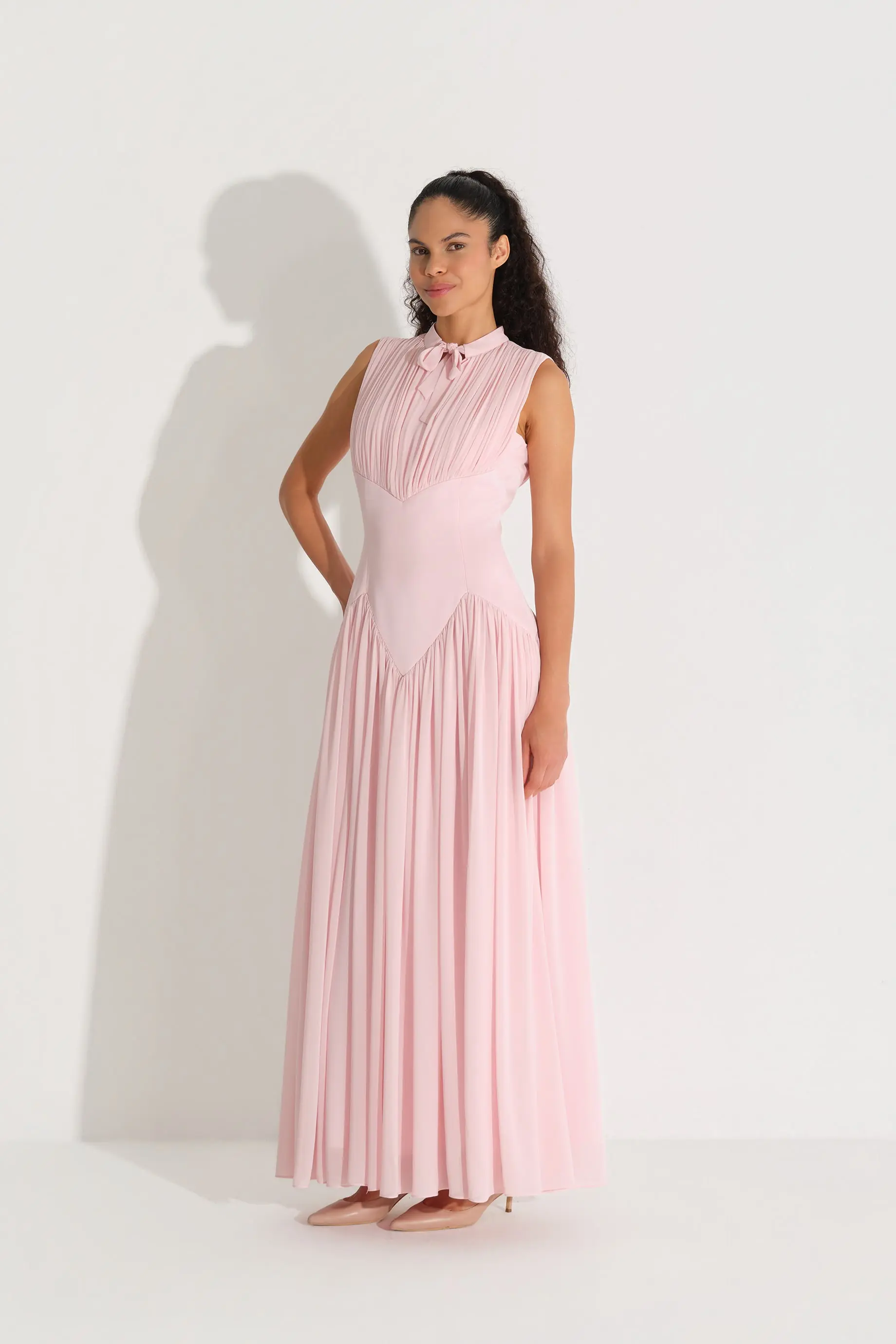Bow-Neck Corset-Detail Chiffon Dress - Pink, photo 3