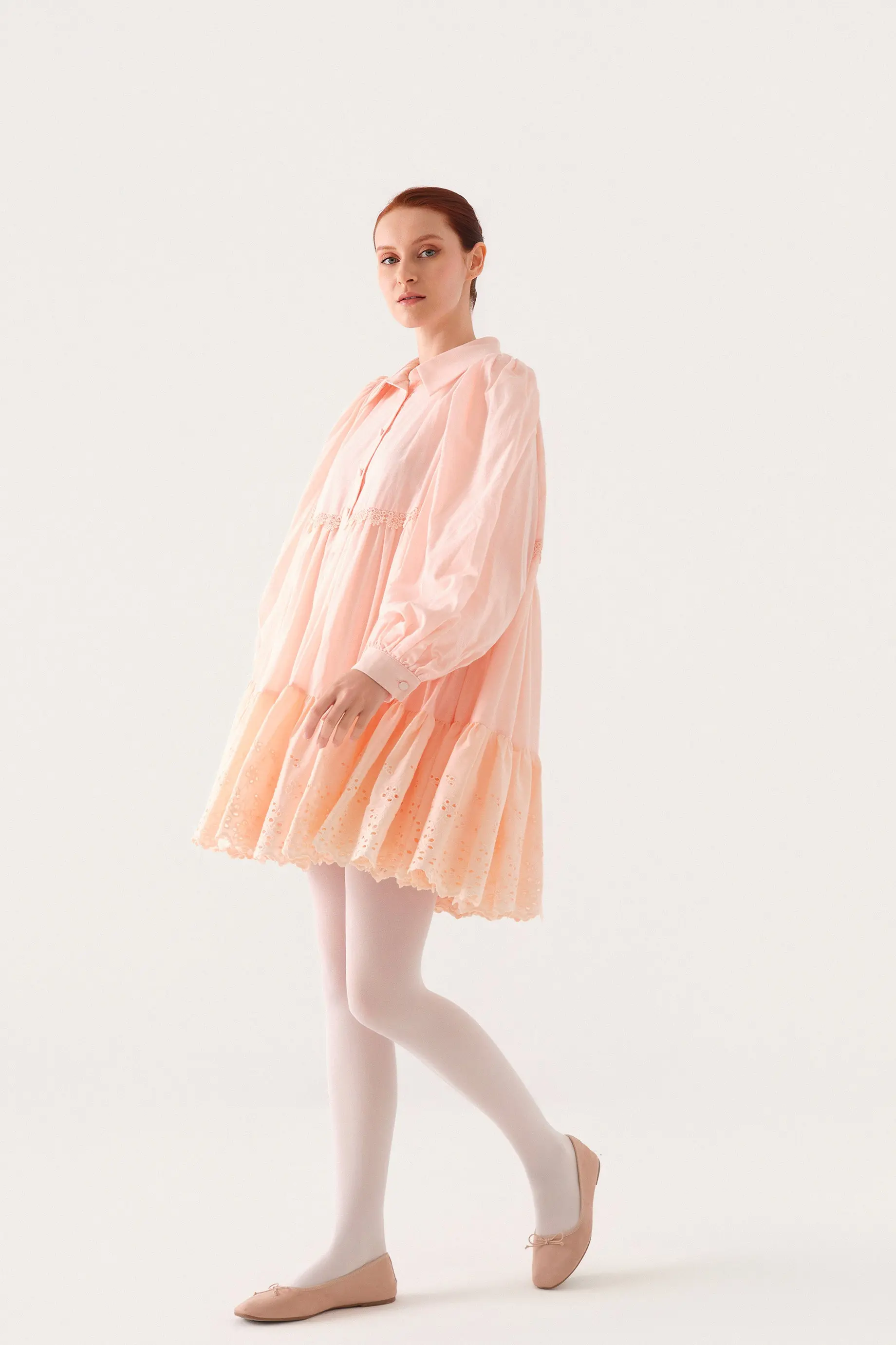 Layered Lace-Trim Cotton Poplin Tunic – Salmon, photo 3
