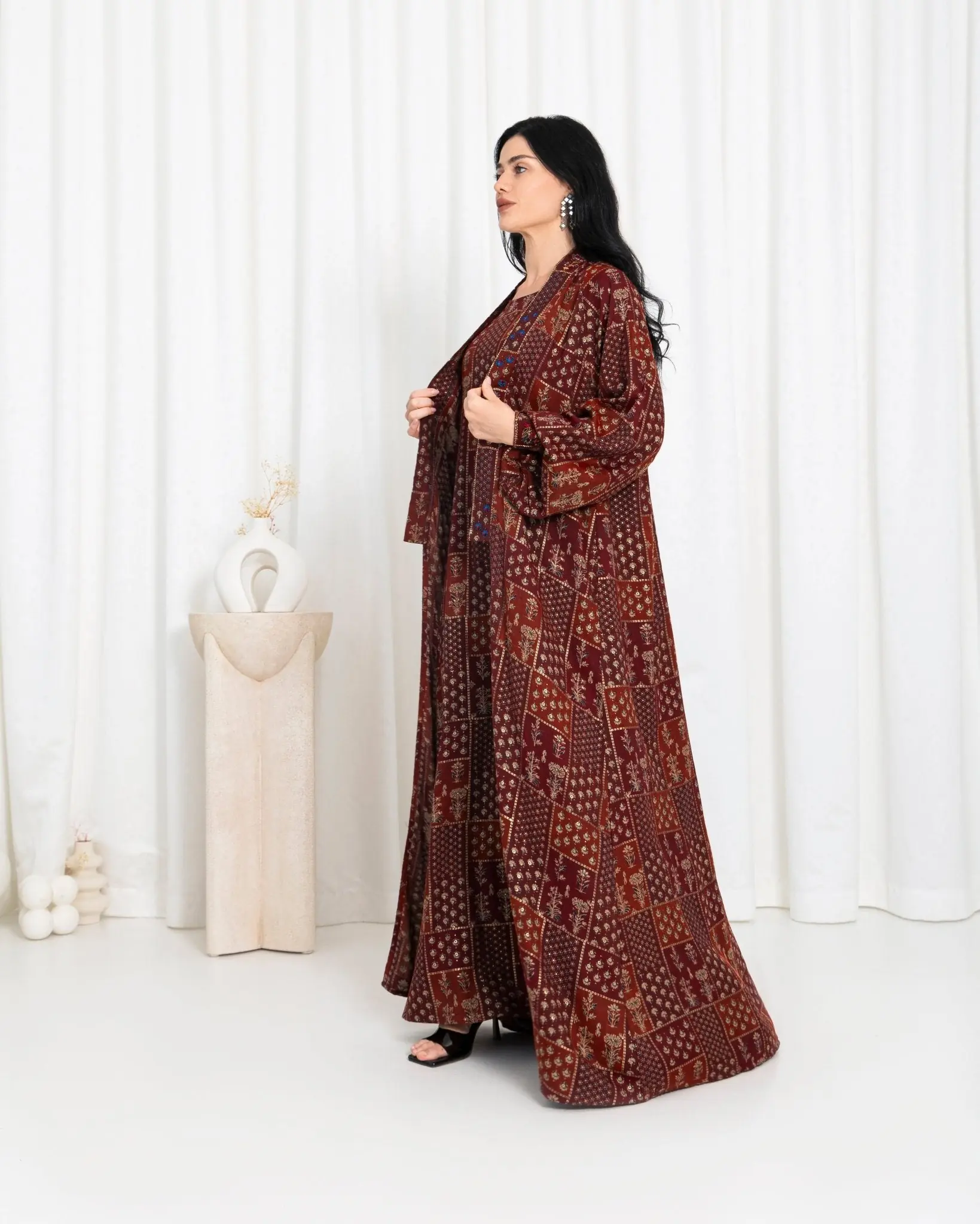 Maroon Floral Check Kimono Abaya