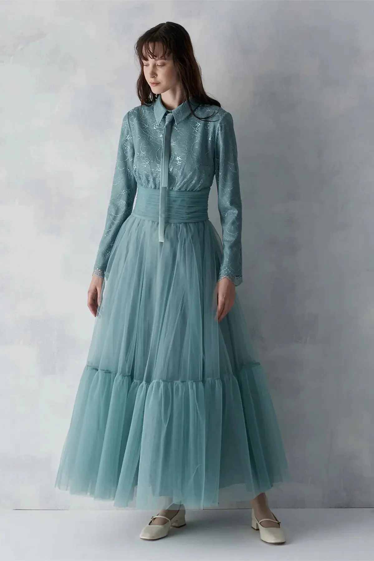 Satin Draped Long Evening Dress with Pleated Skirt - Mint, photo 3