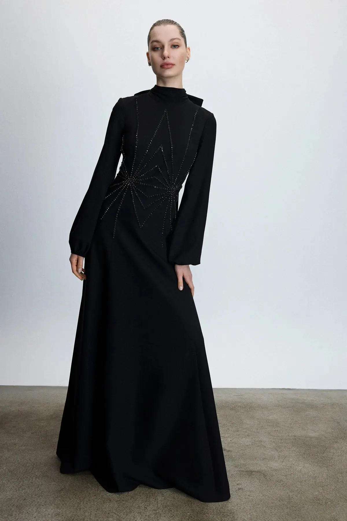 Embellished High-Neck Evening Gown – Black, photo 3
