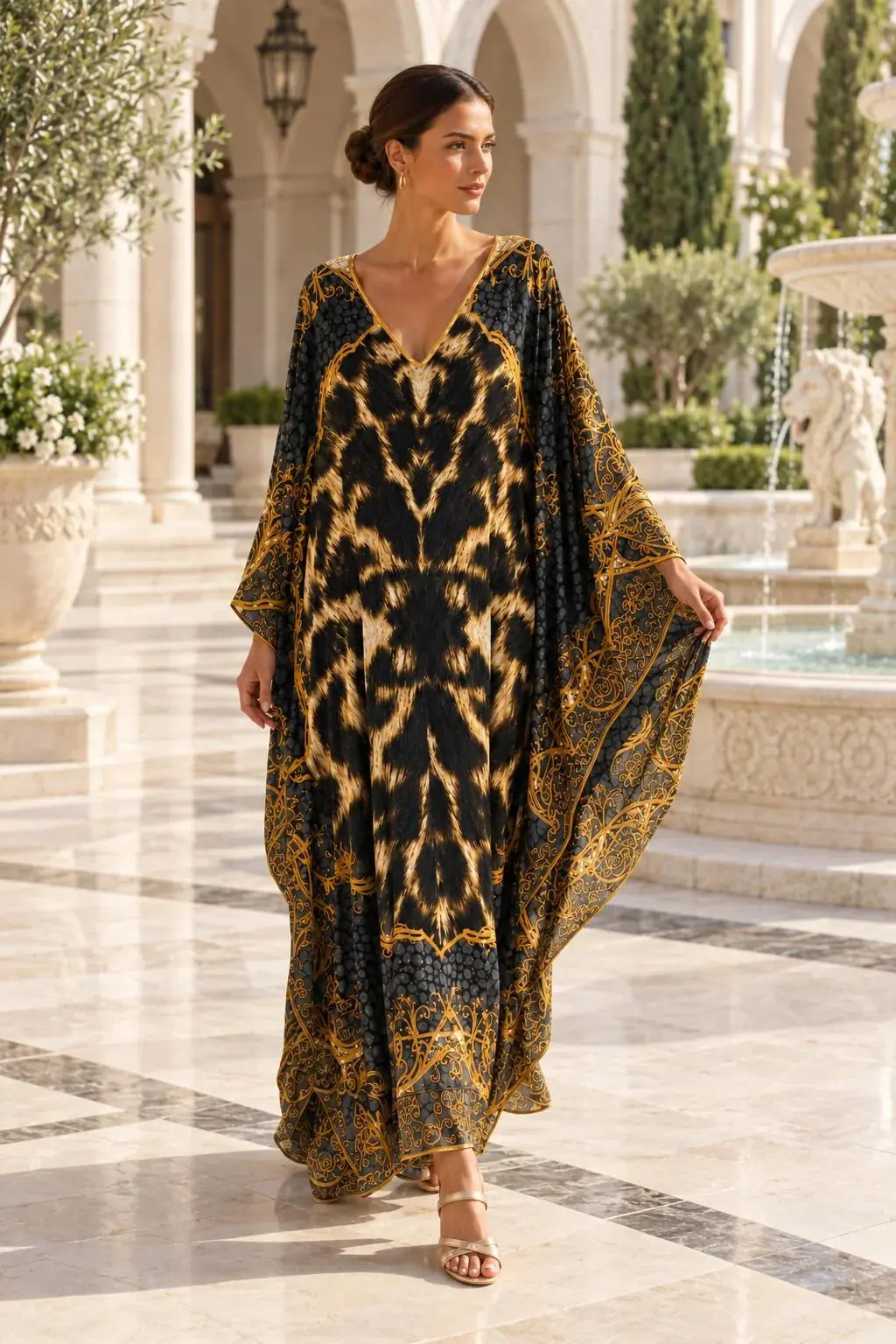 Farfalla Iconic Printed Silk Kaftan – Black & Gold