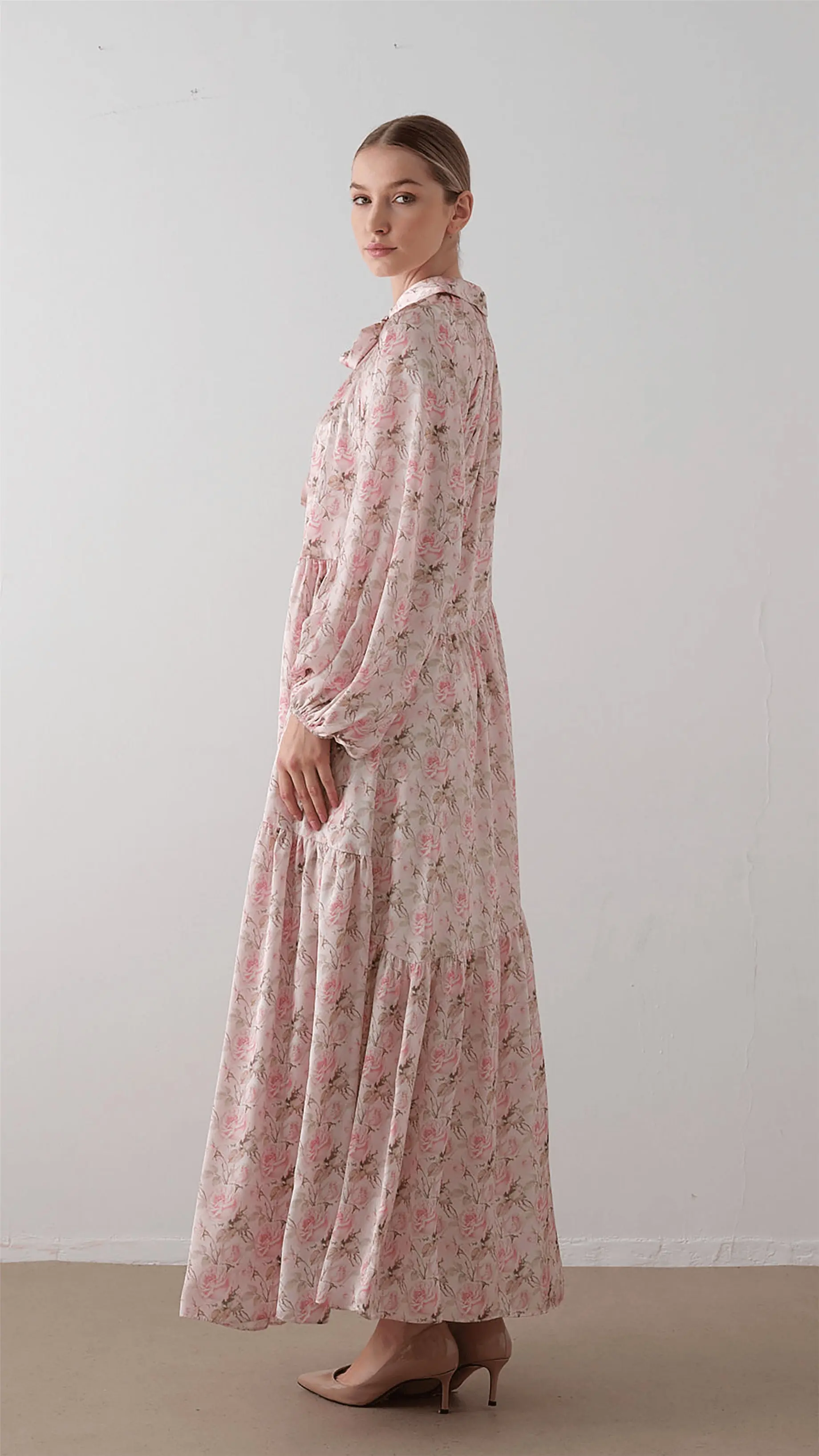 Bow Neck Chiffon Satin Dress – Soft Pink, photo 4