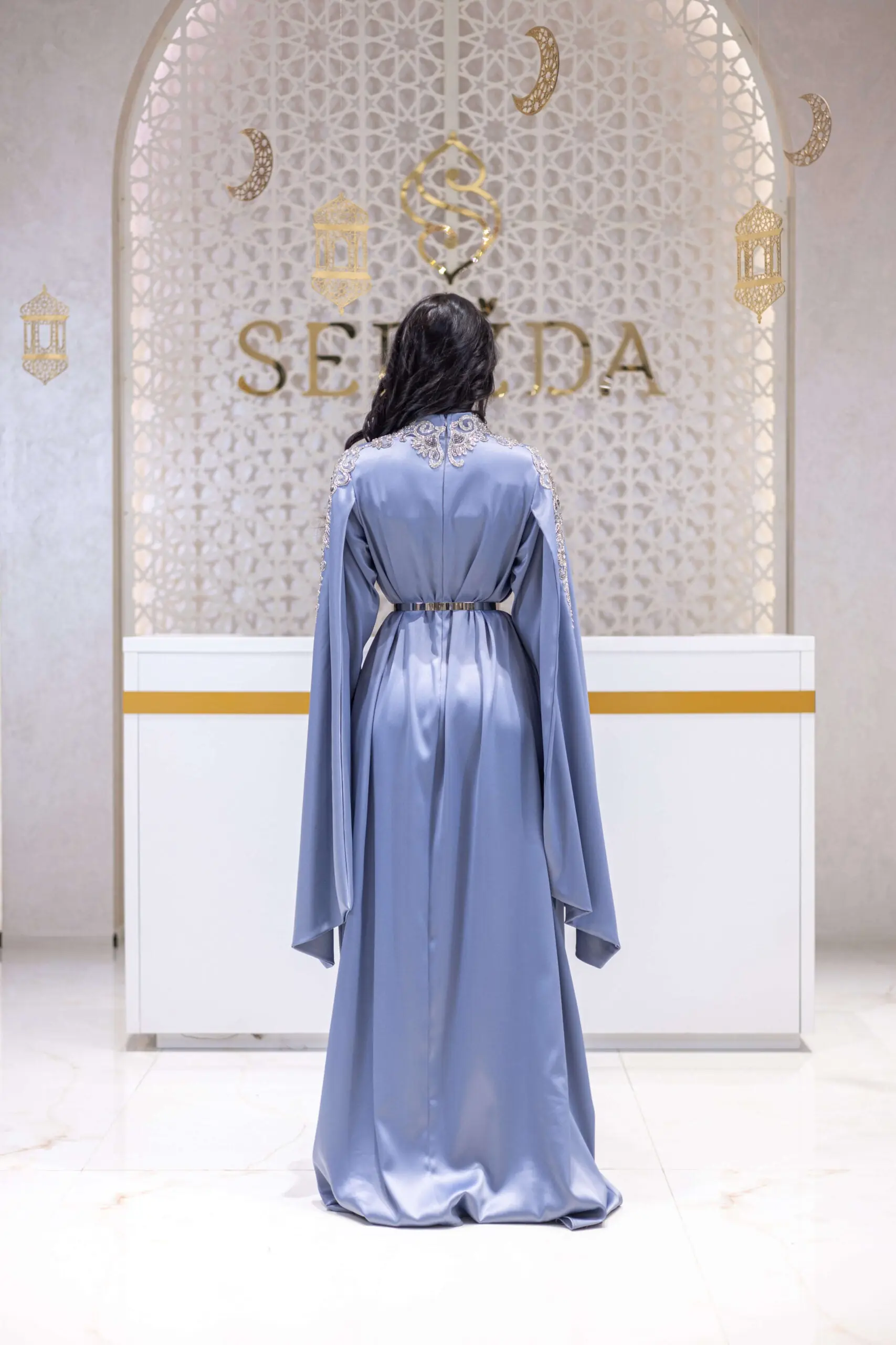 Diamond Aura Embellished Satin Gown – Blue, photo 5
