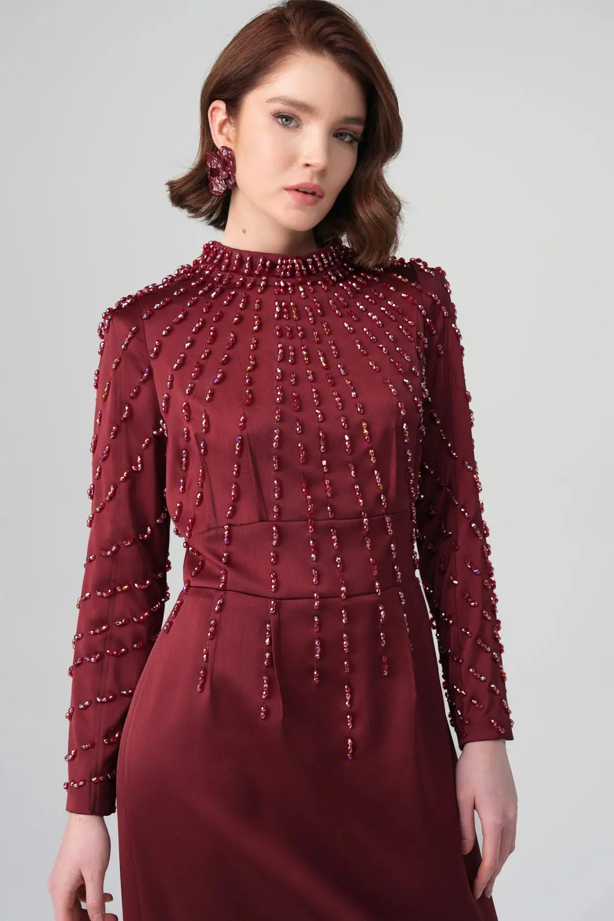 Rubina Embellished Neck Dress – Bordeaux, photo 3
