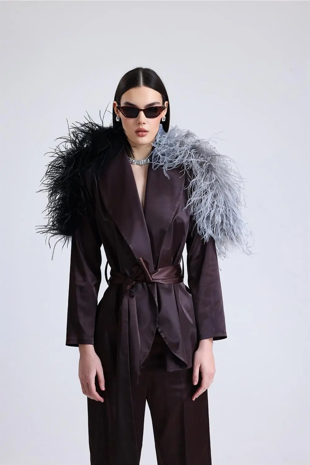 Satin Ember Feather-Shoulder Set – Brown, photo 3