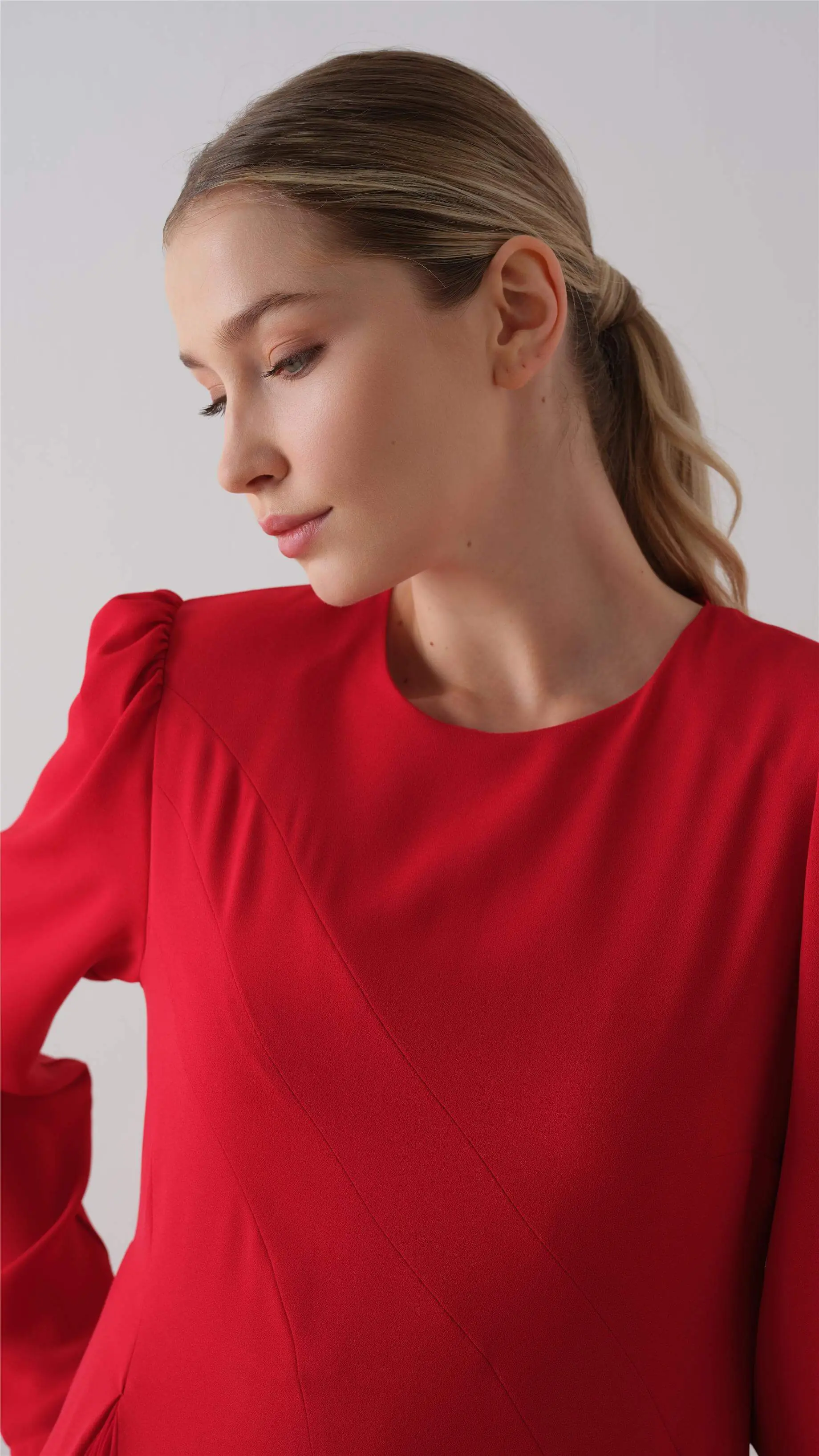 Pleated Crepe Chiffon Dress – Red, photo 2