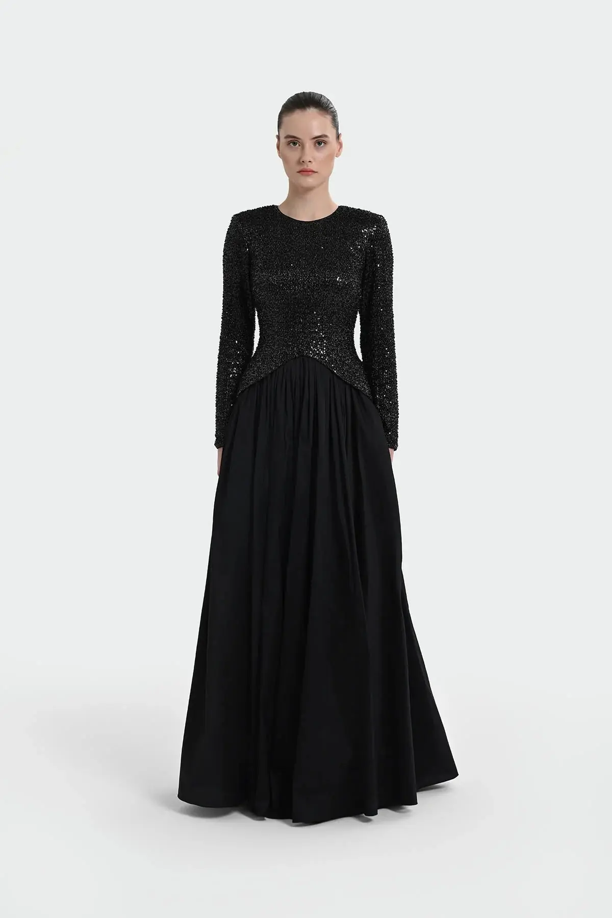 Sequin-Embellished Long-Sleeve Evening Gown - Black