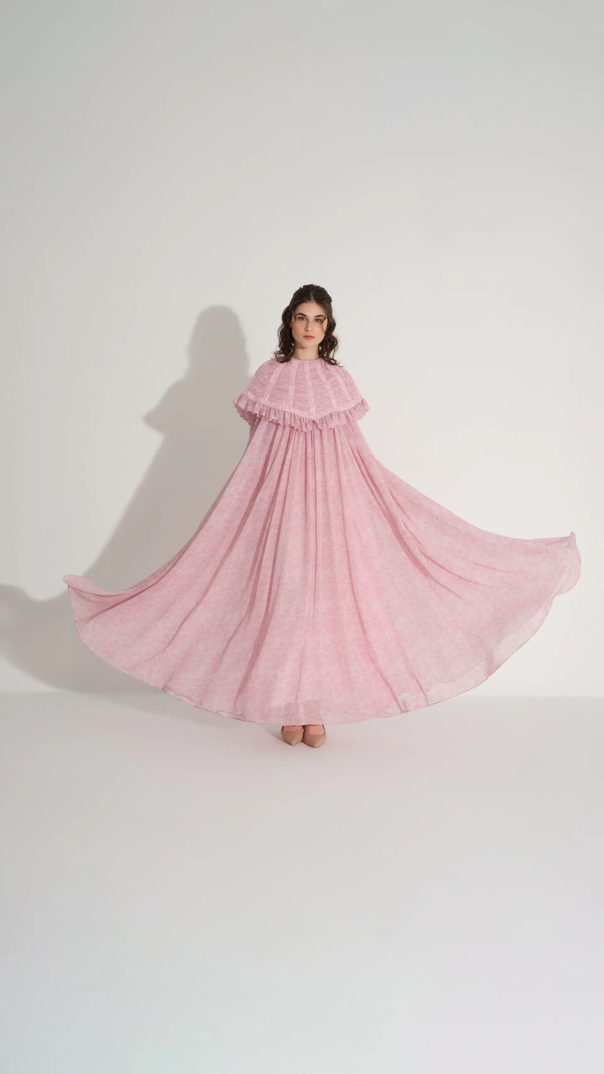 ÜSTÜ TAKMA PELERİNLİ ŞİFON ELBİSE Pembe, photo 5