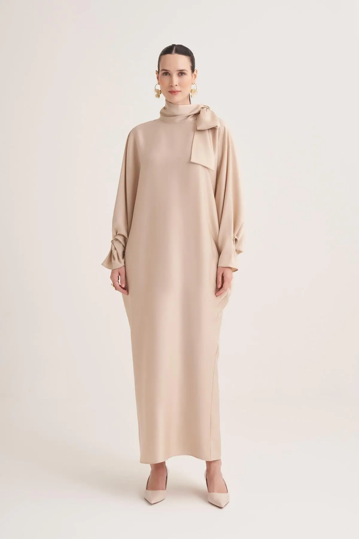 Sophie Satin Bow-Neck Dress – Beige