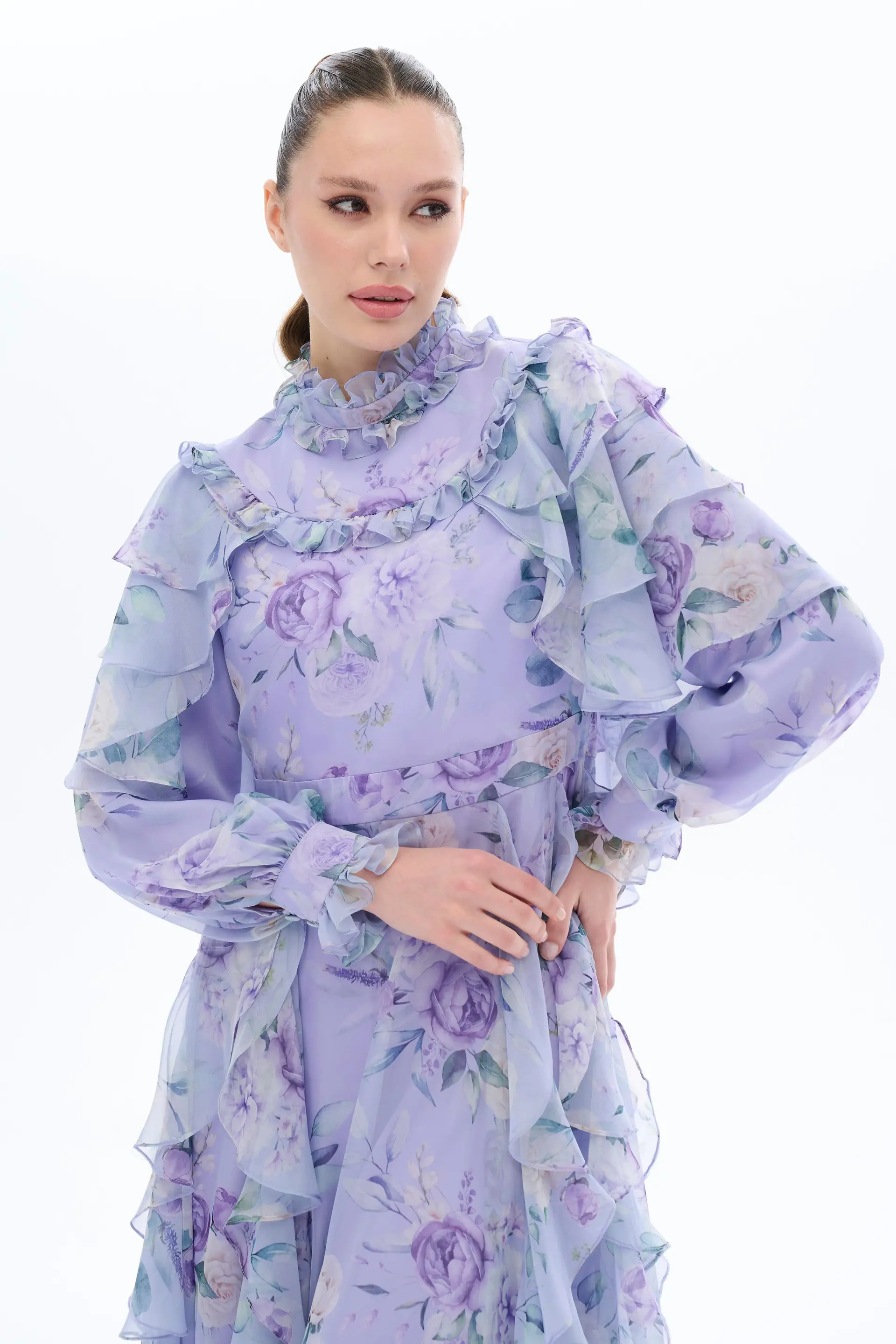 Gathered Shoulder & Side-Ruffle Dress – Lilac, photo 2
