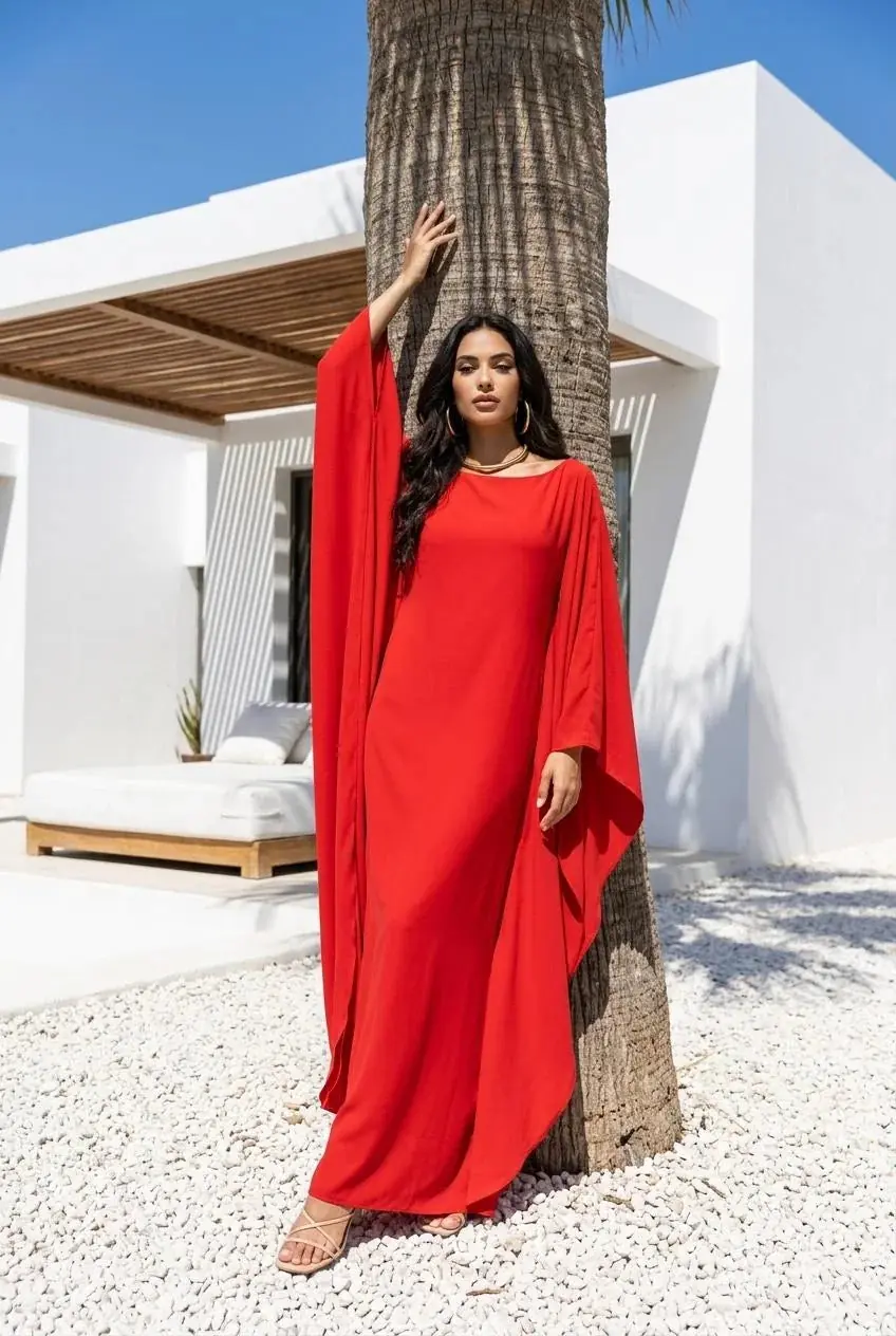 Oblo' Recycled Fabric Cape-Sleeve Maxi Dress – Red