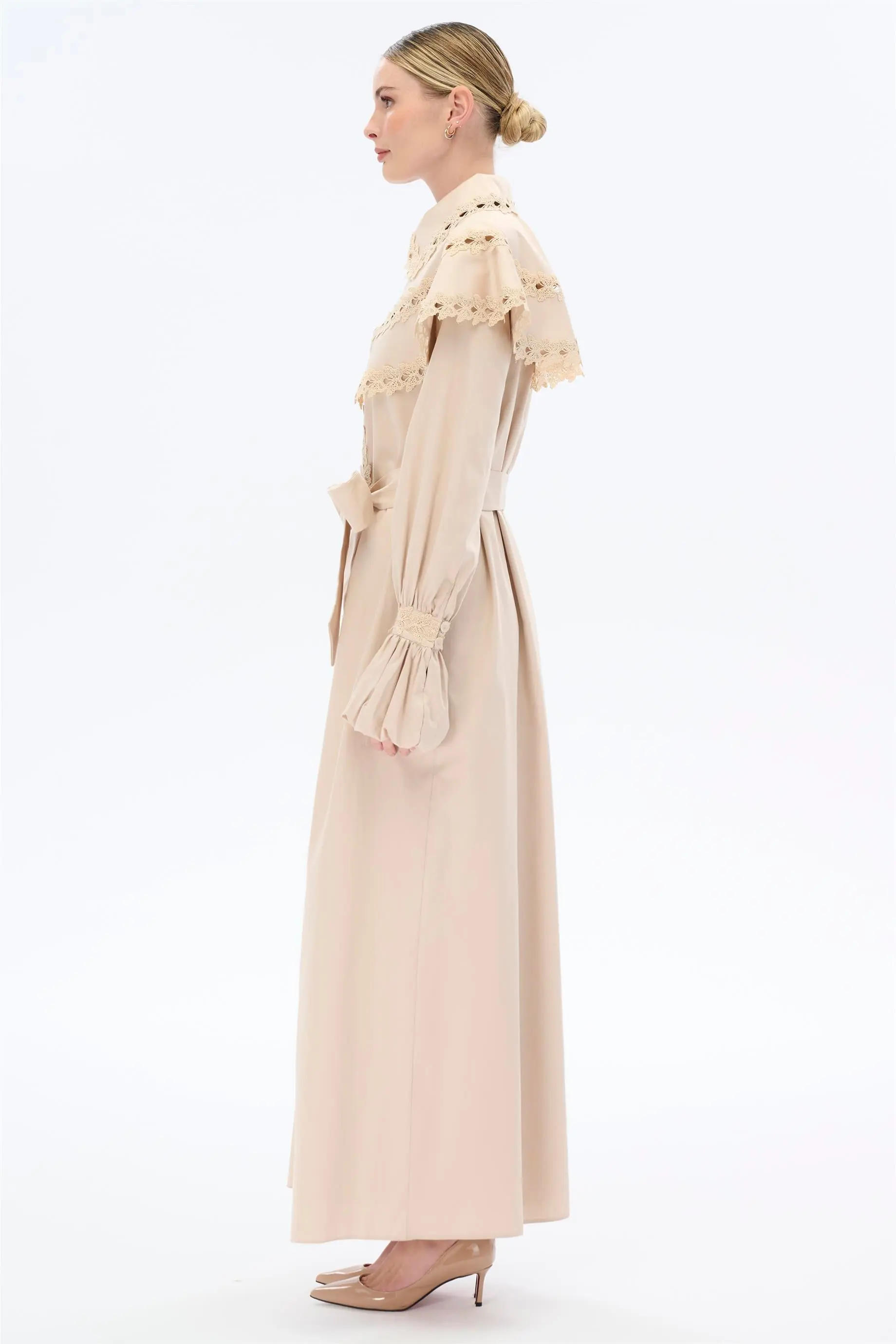 Butterfly Lace Cape Cotton Dress – Beige, photo 2