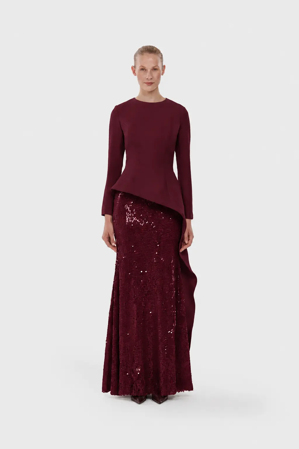 Long-Sleeve Asymmetric Sequin Evening Set - Bordeaux