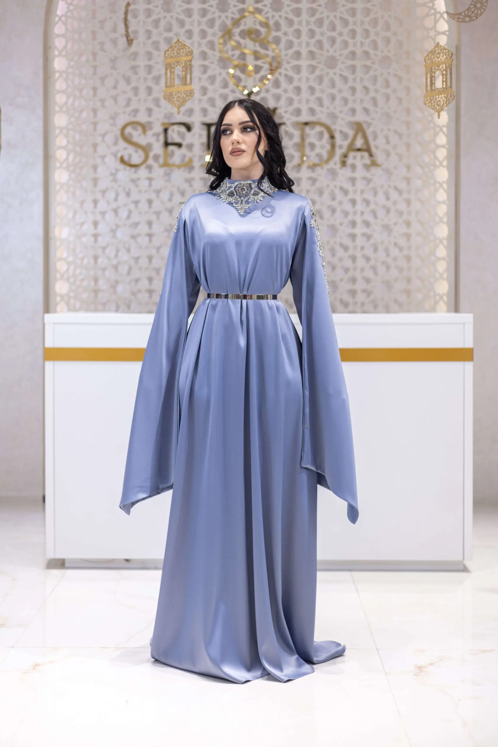 Diamond Aura Embellished Satin Gown – Blue