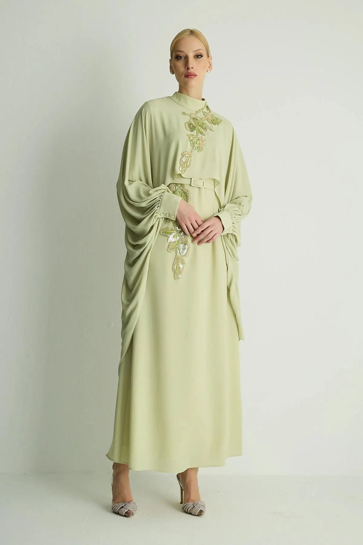 Petunia Embellished Cape Dress – Pastel Green