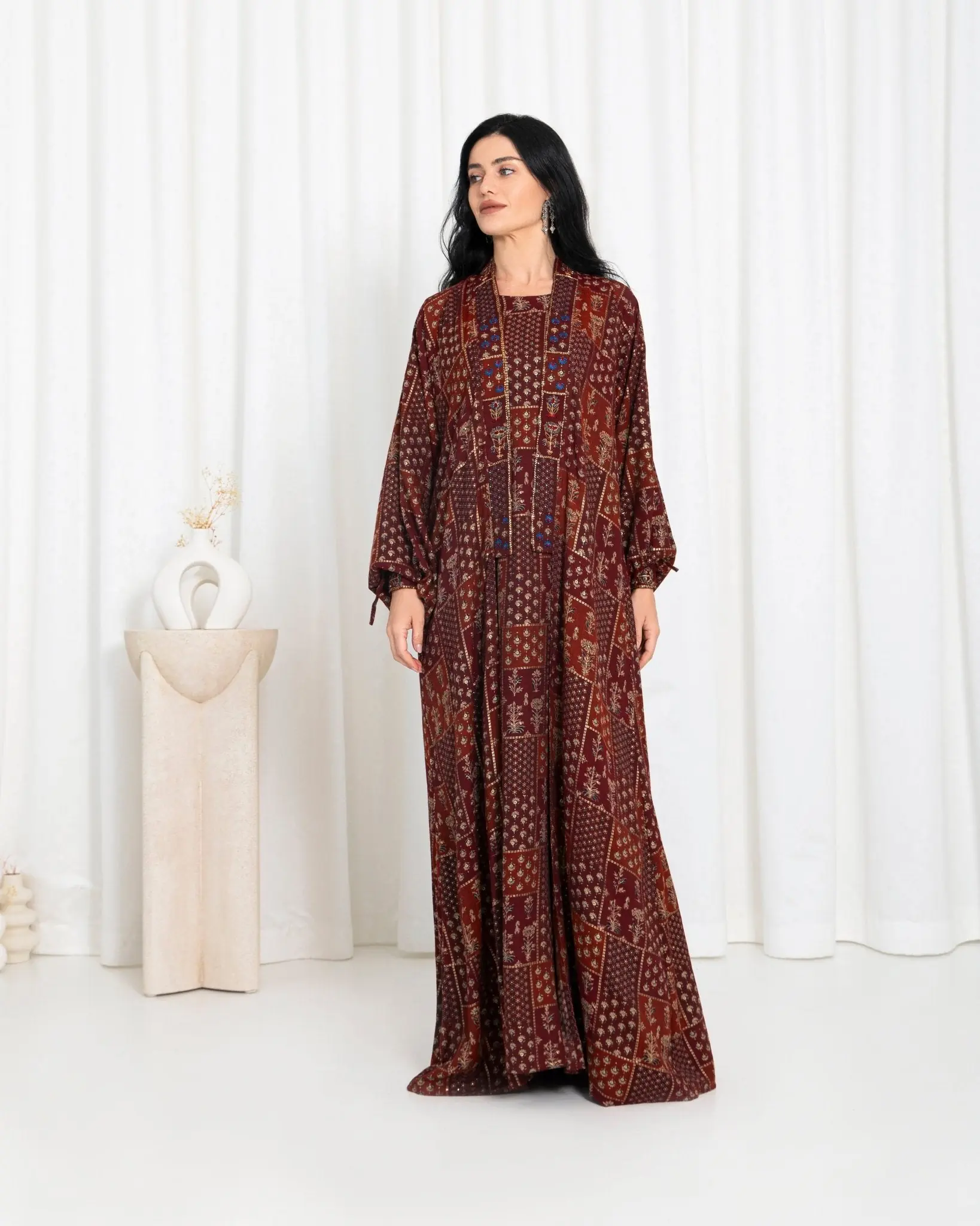 Maroon Floral Check Kimono Abaya, photo 2