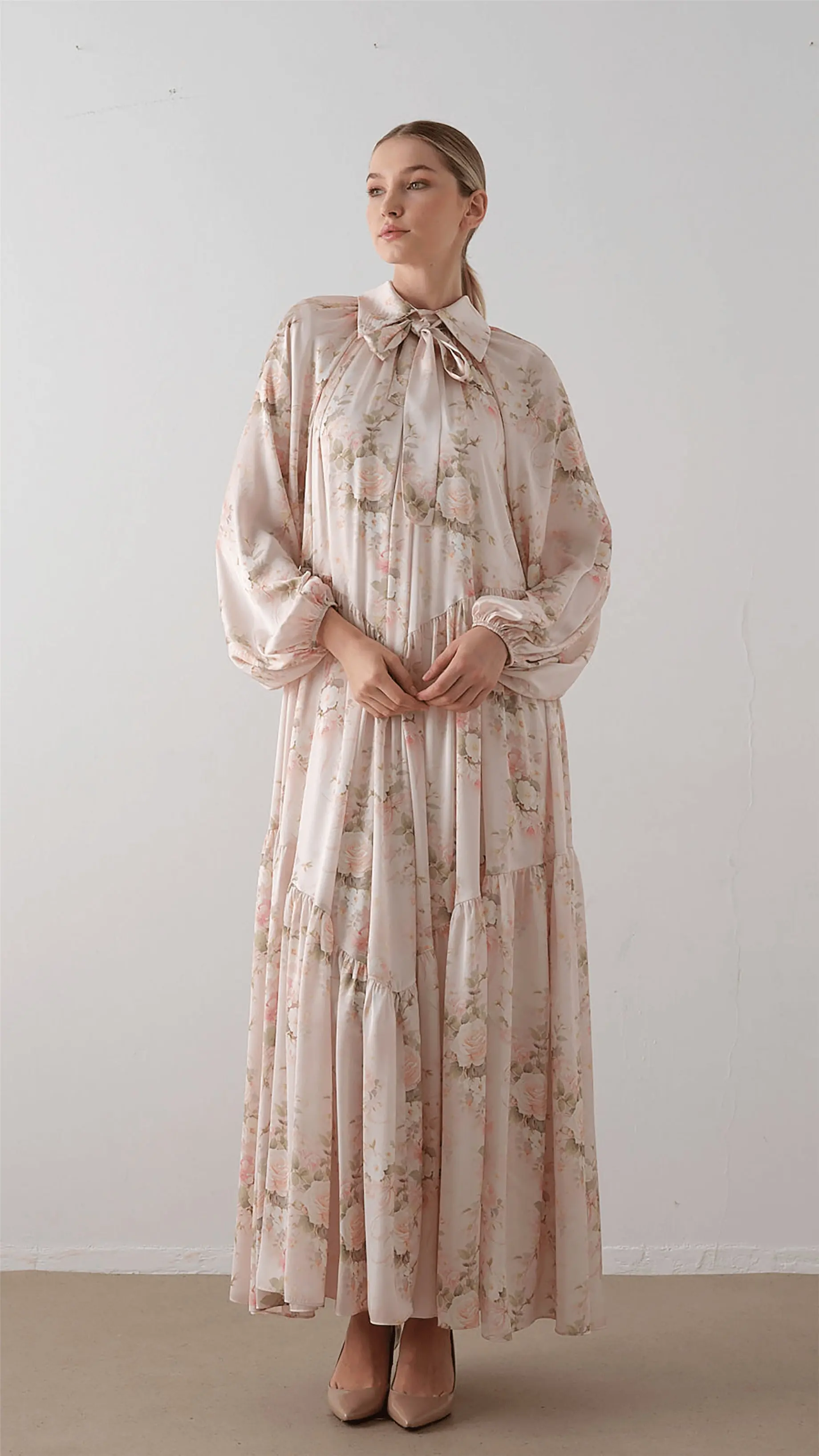 Bow Neck Chiffon Satin Dress – Pink, photo 7