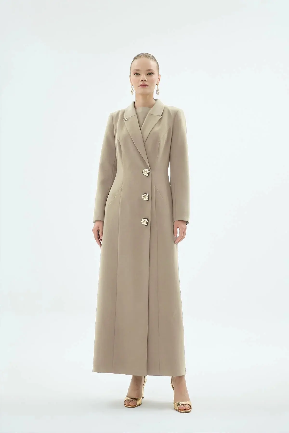 Tailored Blazer Collar Buttoned Dress – Beige