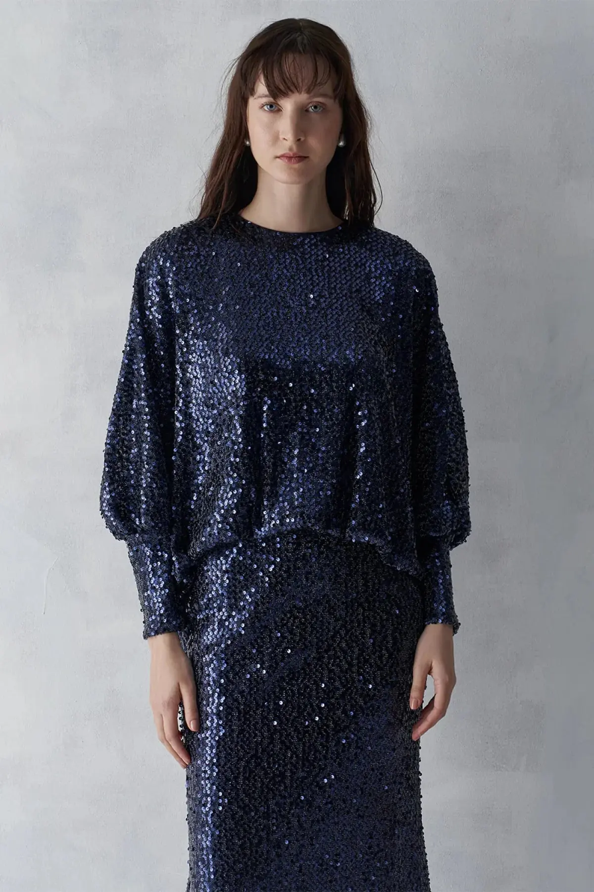 Sequined Blouse & Skirt Evening Set – Navy, photo 2