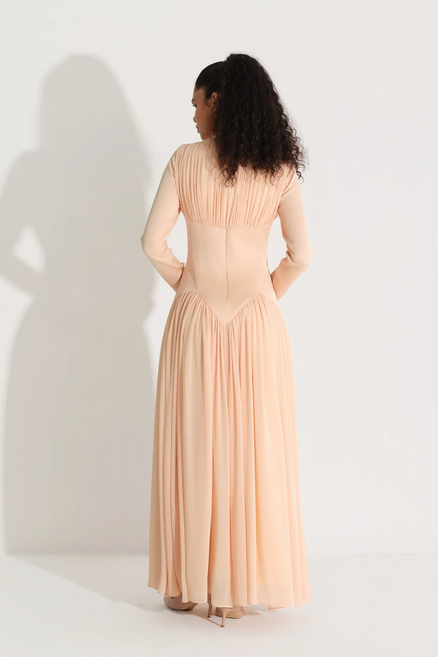 Bow-Neck Corset-Detail Chiffon Dress with Long Sleeves - Yellow, photo 4