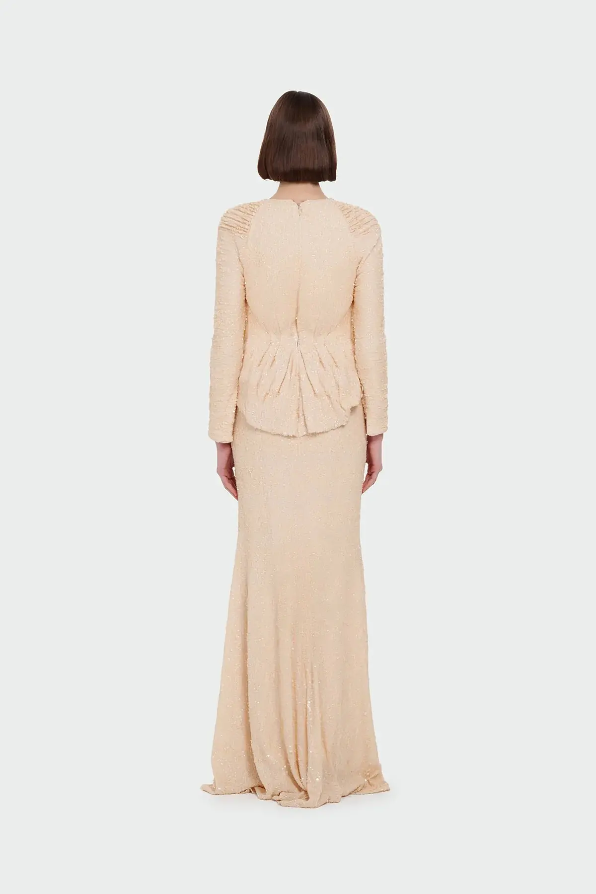 Sequin Long-Sleeve Formal Set with Draped Detail - Cream, photo 4