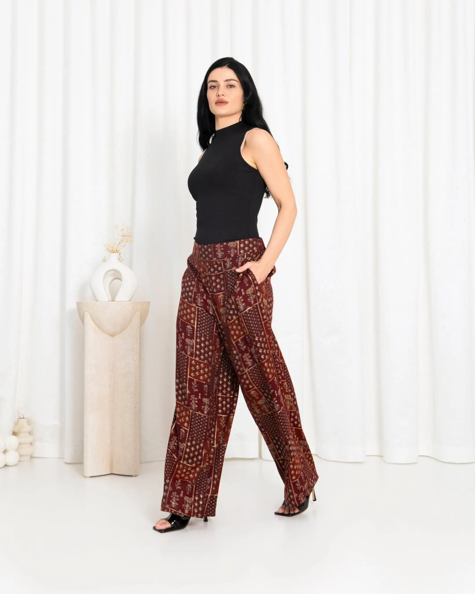 Maroon Floral Check Pants